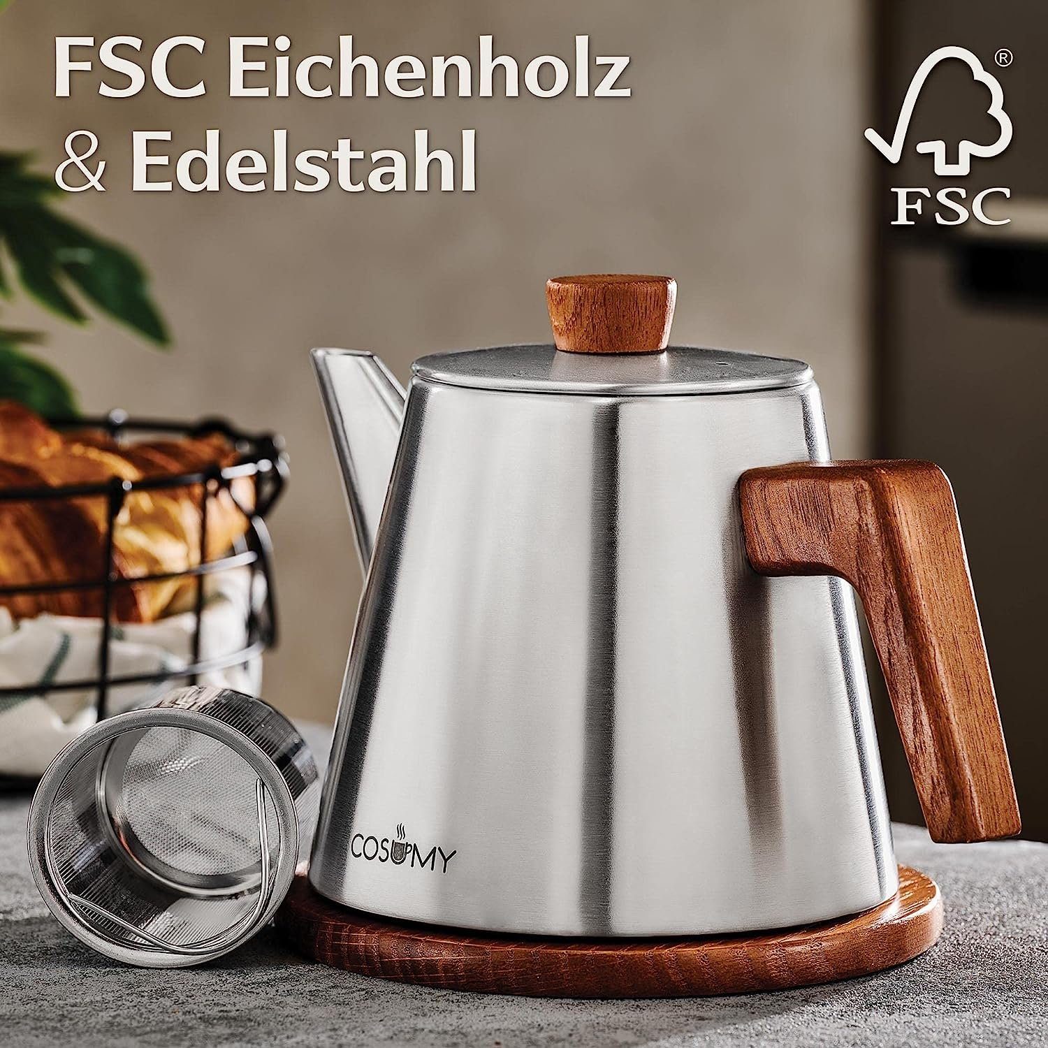 Cosumy Teekanne 1,2 L Mit Siebeinsatz und Untersetzer - Edelstahl & FSC Holz, 1,2 l, (Set), Kanne mit Sieb für Tee - Induktion - Tropffrei - Hält lange warm