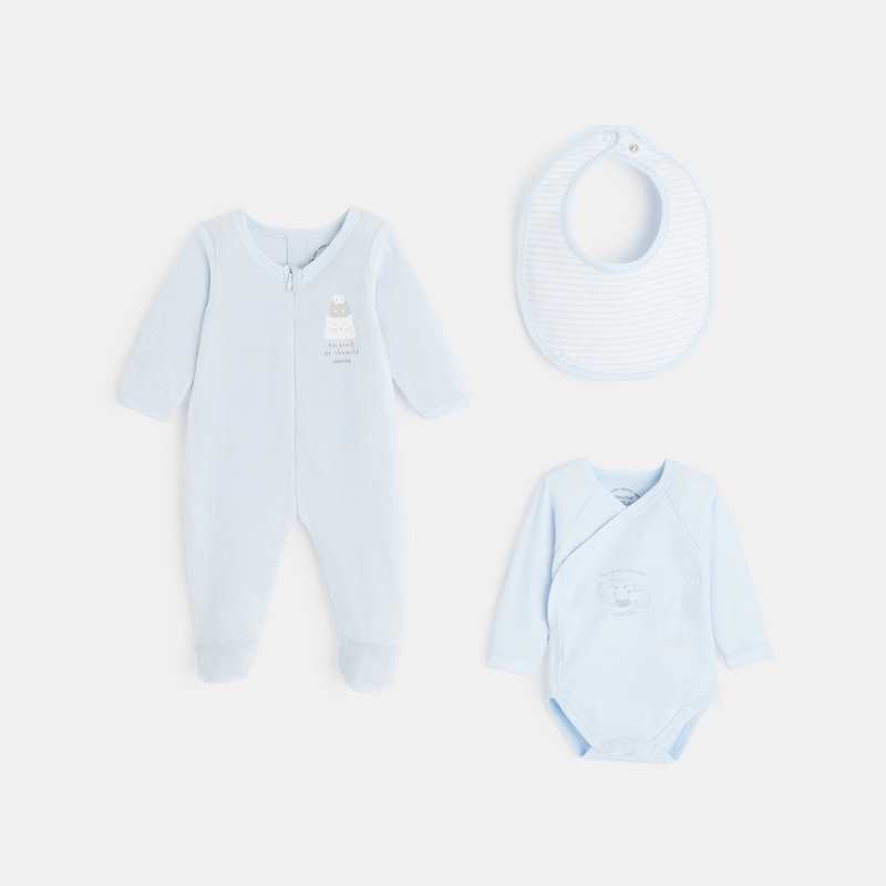Ensemble 3 pièces bébé en velours bio bleu Absorba
