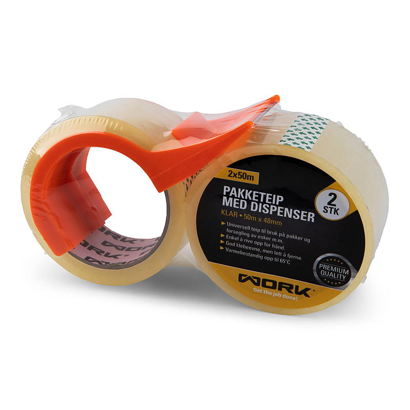 Work Pakketape 2x50 m, klar, m/dispenser