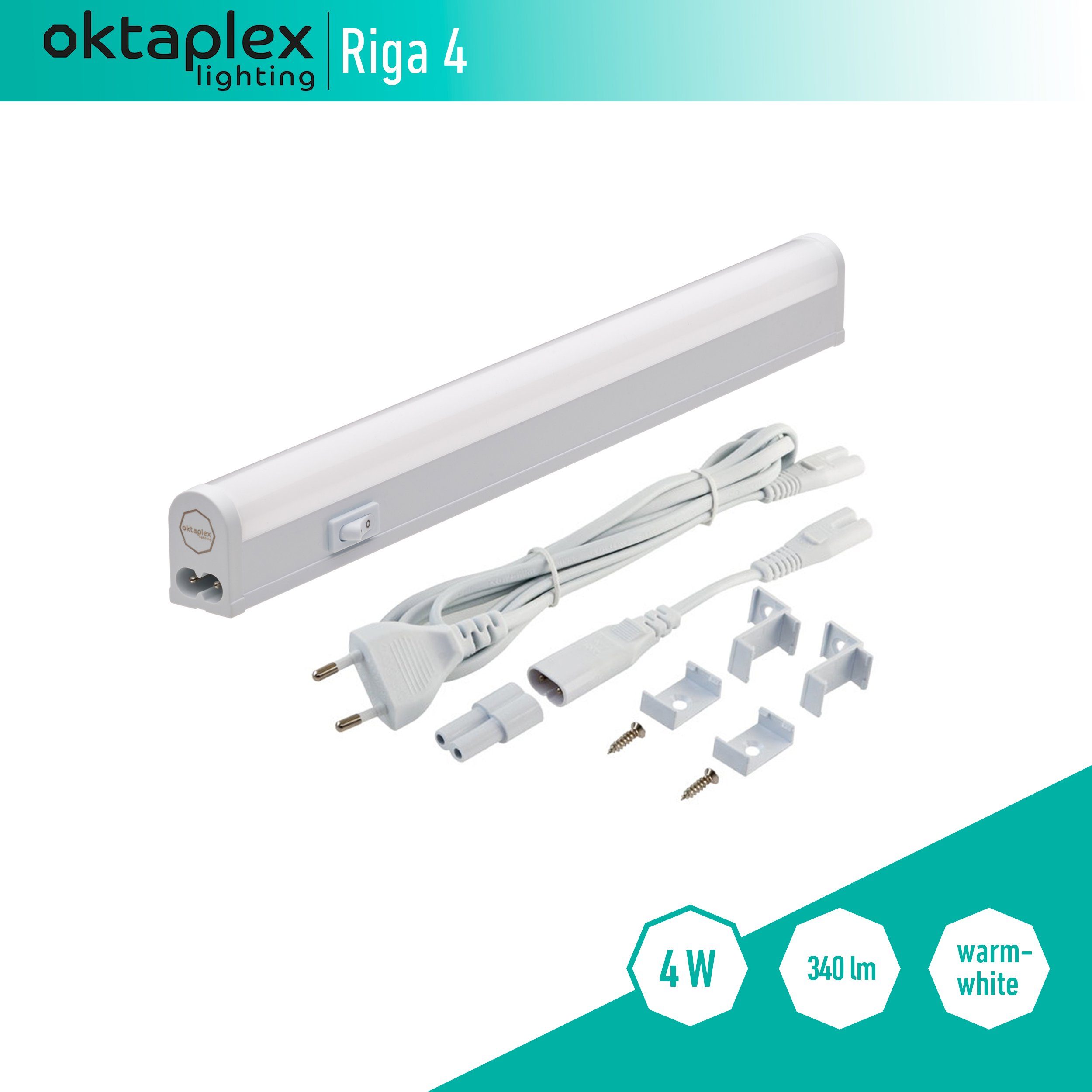 Oktaplex lighting LED Unterbauleuchte Riga 4W 28cm 230V, Ein-/Ausschalter, LED fest verbaut, Warmweiß, 3000K Lichtleiste Küche Unterschrankleuchte