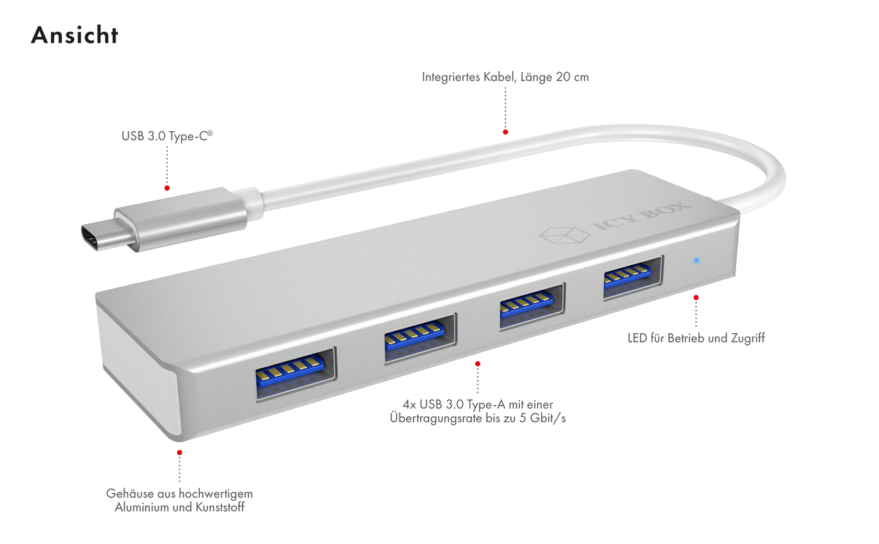 ICY BOX IB-HUB1425-C3, 4 Port Hub mit USB Type-CAnschluss