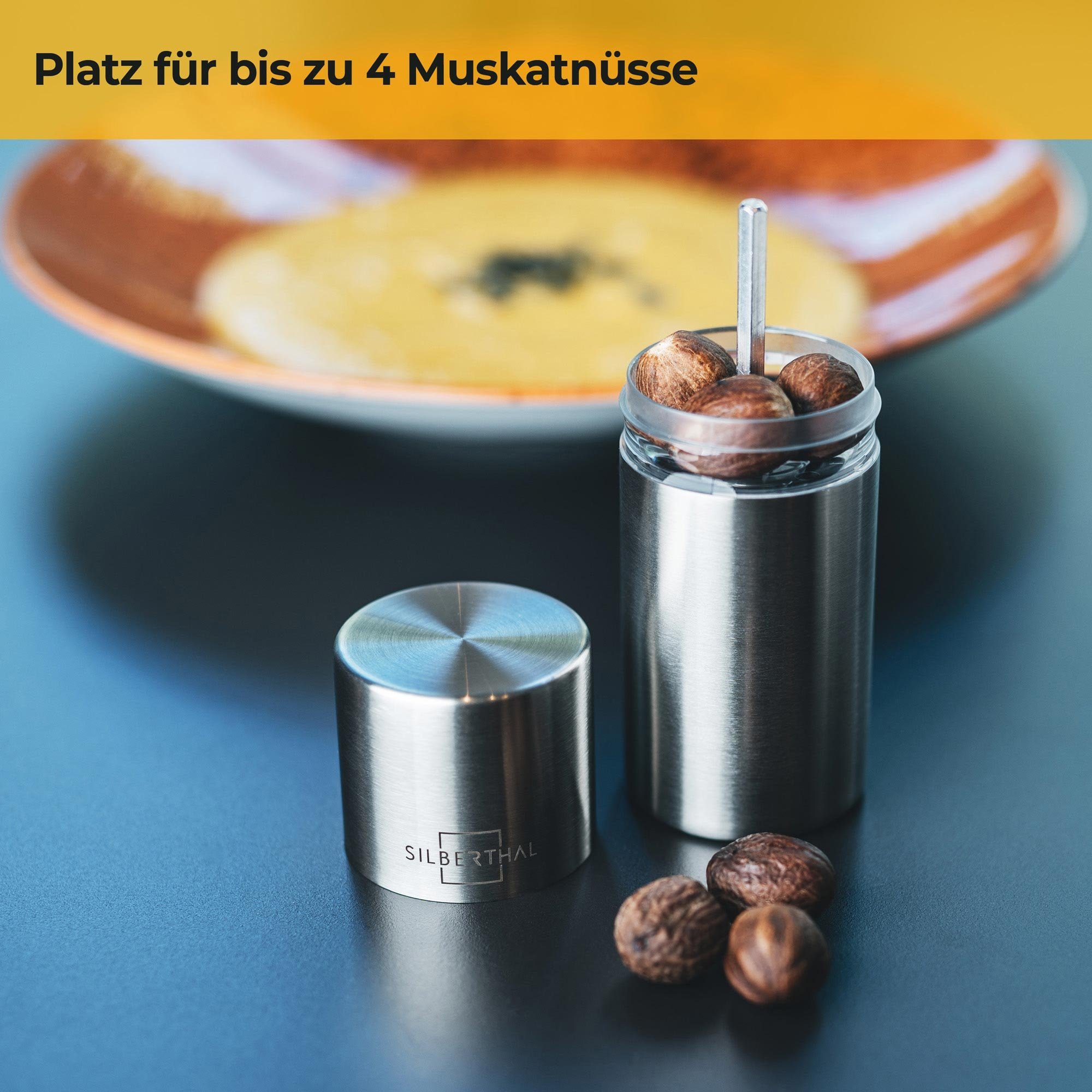 SILBERTHAL Muskatmühle manuell Edelstahl, inklusive Behälter für bis zu 4 Nüsse