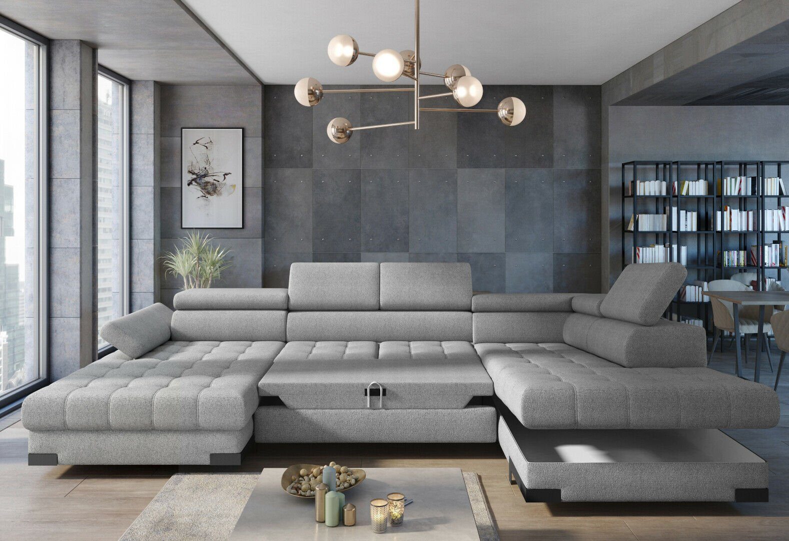 JVmoebel Ecksofa Wohnlandschaft Ecksofa Stoff U-Form Bettfunktion Couch Design, Made in Europe