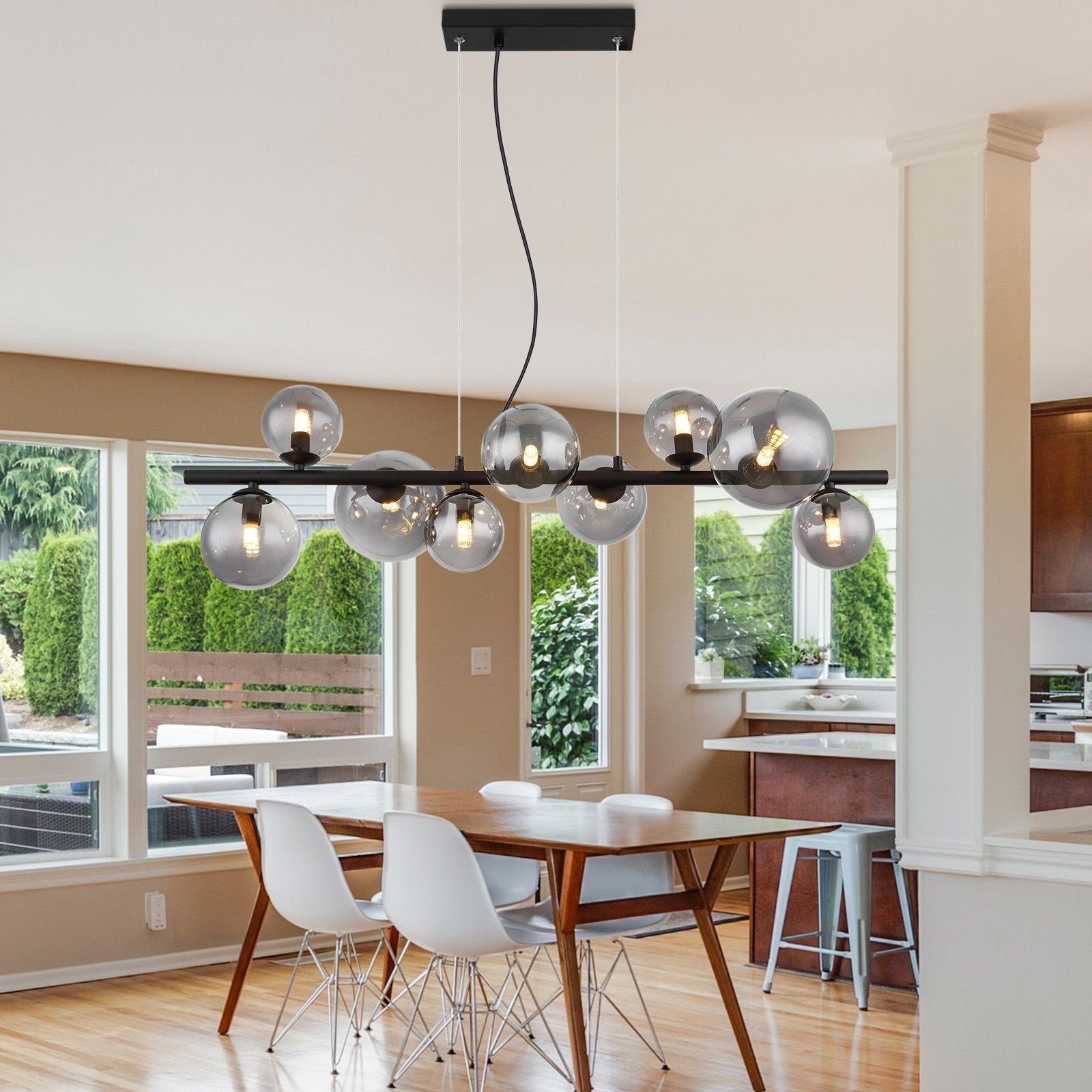 Globo Hängeleuchte GLOBO Hängeleuchte Esszimmer LED Hängelampe Rauchglas Pendelleuchte, Glas, Kugeln, 9 flammig, modern, LED wechselbar, Warmweiß, Wohnzimmer, Schlafzimmer, Pendellampe