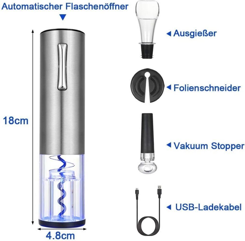 Anpro Korkenzieher Anpro Elektrischer Korkenzieher Set, (Set), 304 Edelstahl, mit Folienschneider, Vakuum Stopper Und Ausgießer