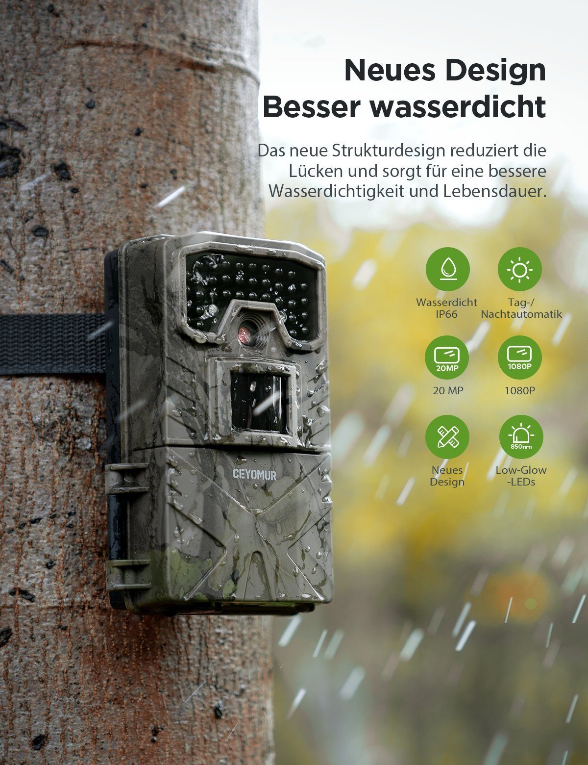 CEYOMUR Wildkamera mit Bewegungsmelder Nachtsicht, Wildtierkamera Wildkamera (1080P/20MP, IP66 Wasserdicht, 850nm IR)
