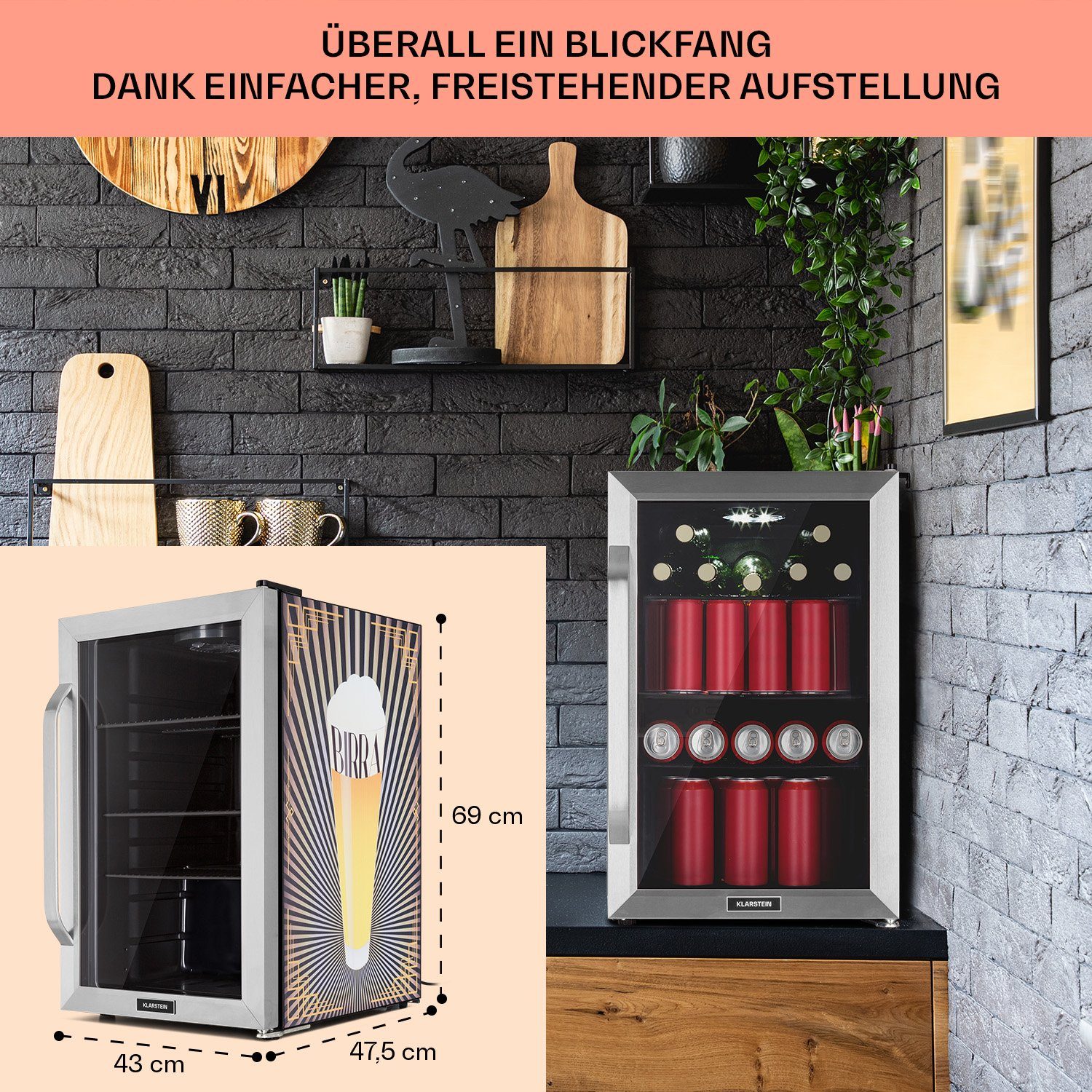 Klarstein Getränkekühlschrank HEA13-Birra -SS 10041177, 67 cm hoch, 43 cm breit, Bierkühlschrank Getränkekühlschrank Flaschenkühlschrank mit Glastür