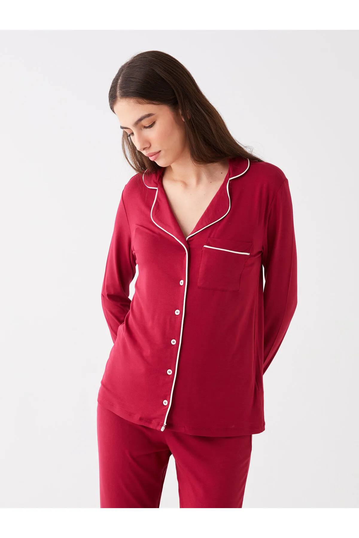 LC Waikiki  Einfarbiges, langärmliges Damen-Pyjama-Set mit Hemdkragen
