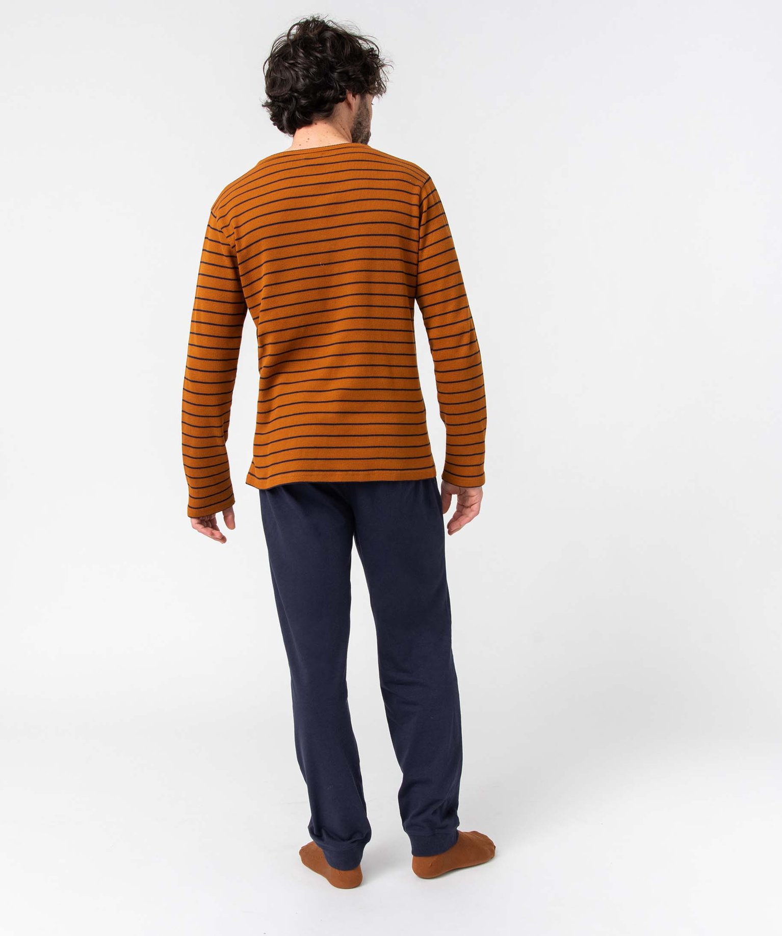 Pyjama homme avec haut tunisien rayé en nid d'abeille marron | GEMO