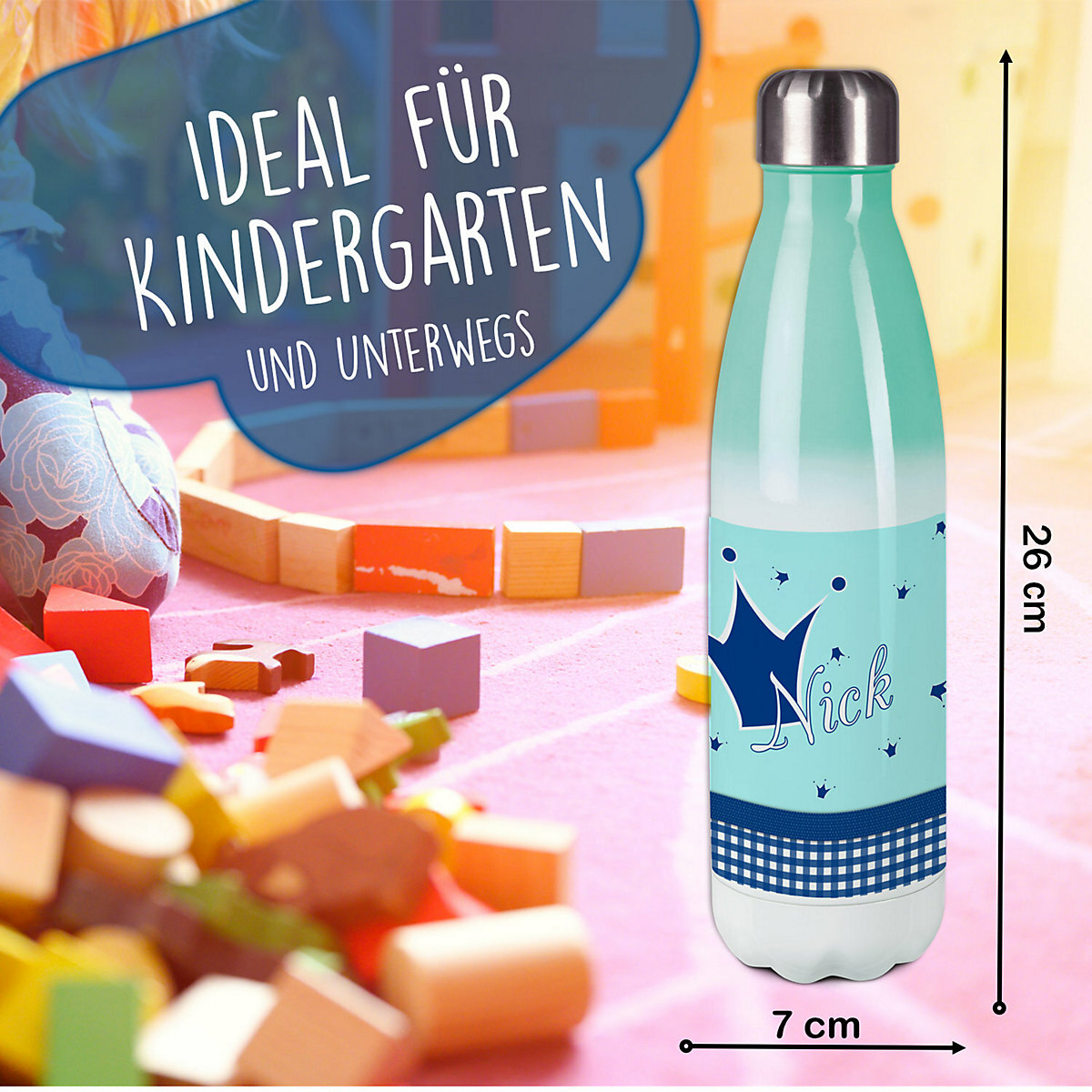 Edelstahl Kinder Thermoflasche / Trinkflasche bunt Krone Farbe hellblau blau Spülmaschinenfest, Auslaufsicher, Bruchfest, Doppelwandig, Für Heißgetränke geeignet, Mit Deckel, Isoliert