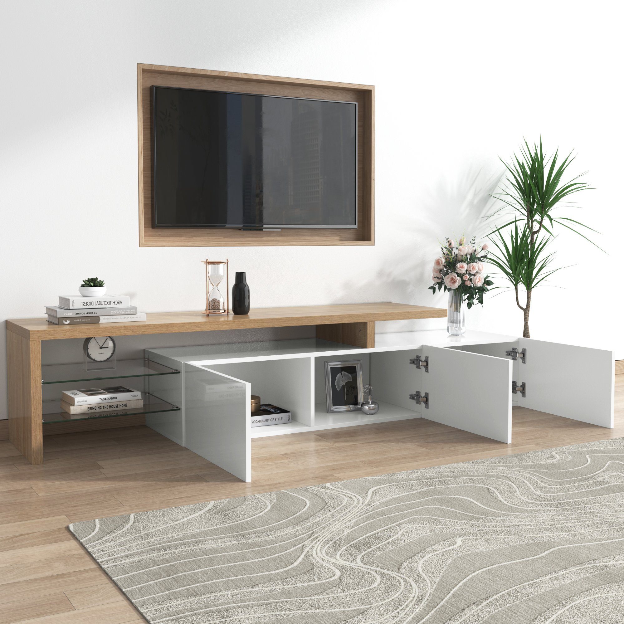 Merax Lowboard, mit Glasablgen und LED-Beleuchtung, Fernsehtisch Hochglanz, TV-Schrank