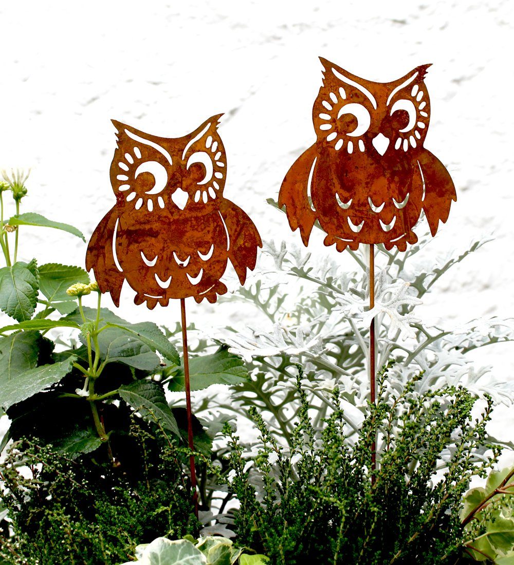 LB H&F Lilienburg Teichfigur 2er SET Gartenstecker Dekostecker Beetstecker Gartendeko Rost, (Dekofigur Garten Herbstdeko Deko Herbst Terrasse Kübel Blumenstecker Dekostecker Figur Herbststecker Teichdeko Eulenstecker Terrasse 2er EULE Rost, Dekofigur