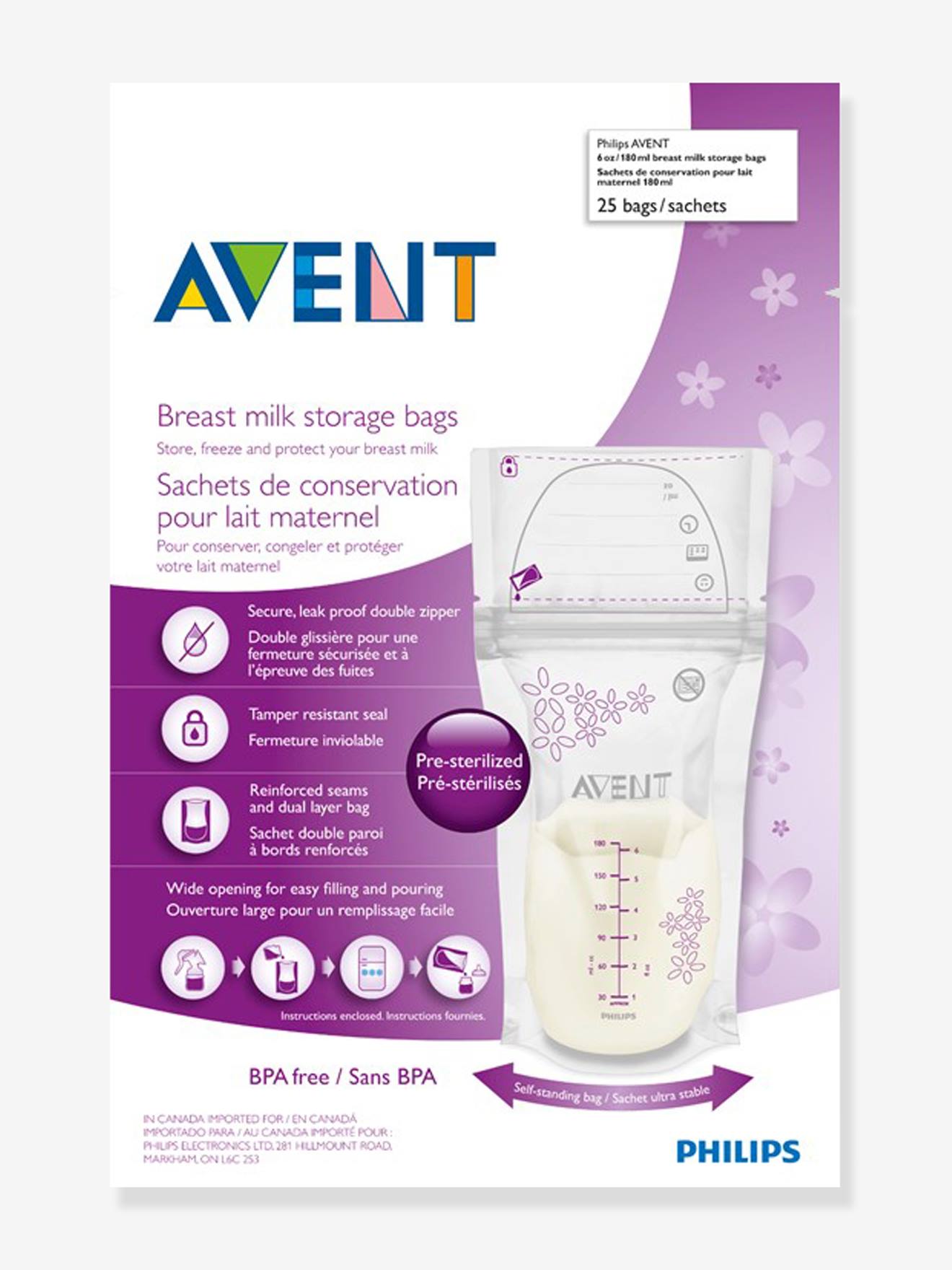 Lot de 25 sachets de conservation pour lait maternel Philips AVENT transparent