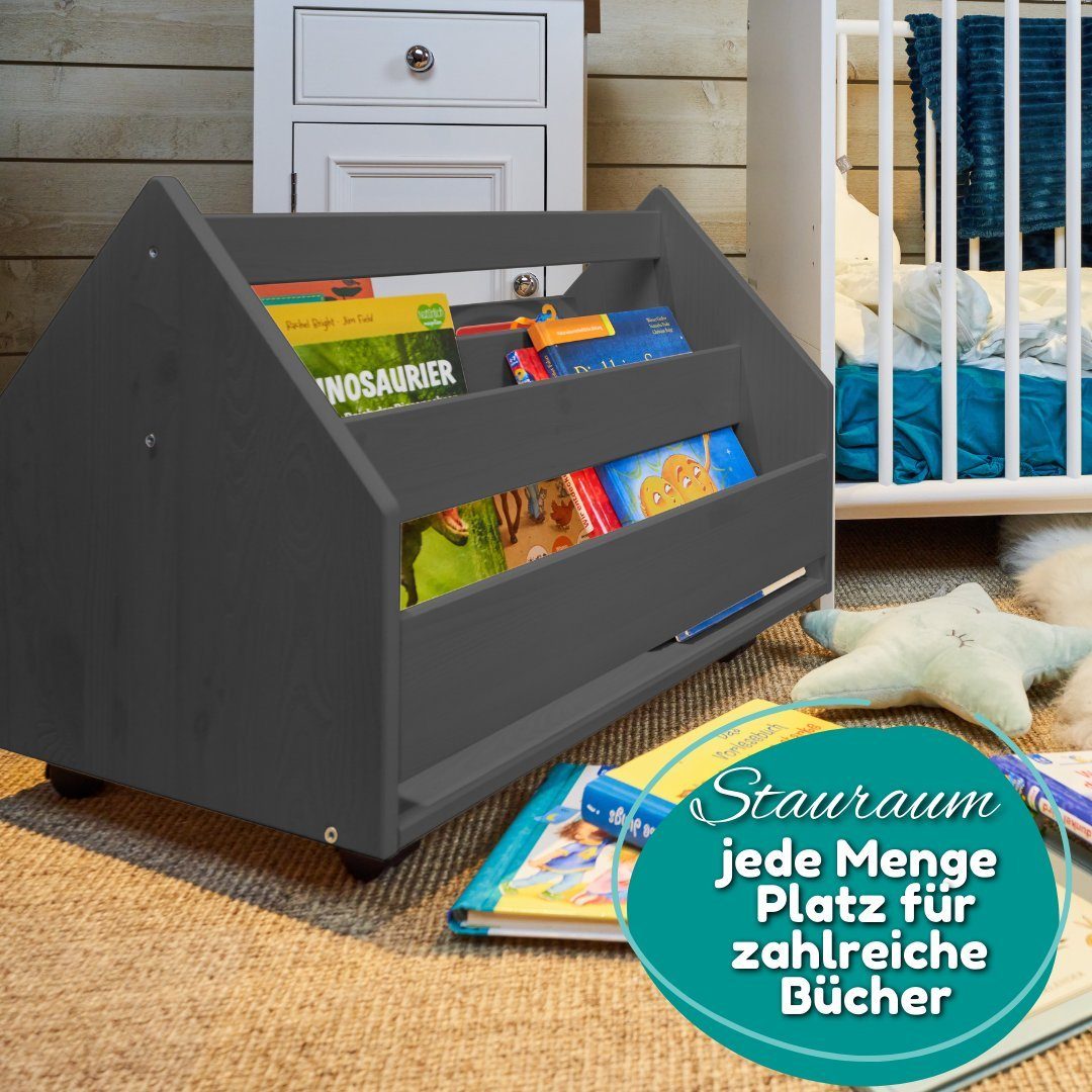 Alavya Home® Bücherregal COMET, Kinder Bücherregal I Kinderregal mit 2 Ablagen 4 Rollen 1-tlg., Aufbewahrungsregal für Bücher in Kinder-Spielzimmer aus Kieferholz
