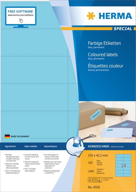 HERMA Farbige Multifunktionsetiketten 4558 Blau Rechteckig 105 x 42 mm 100 Blatt à 14 Etiketten
