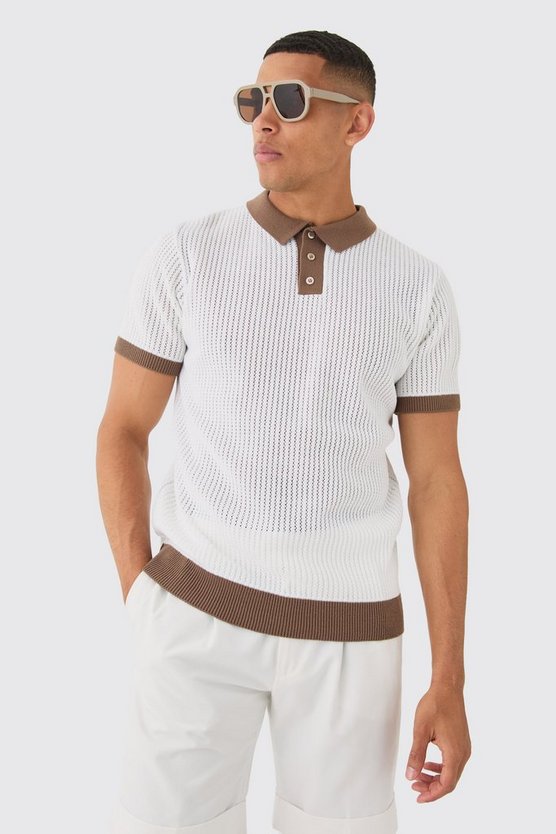 Regular Fit Ribbed Open Stitch Contrast Polo In White
