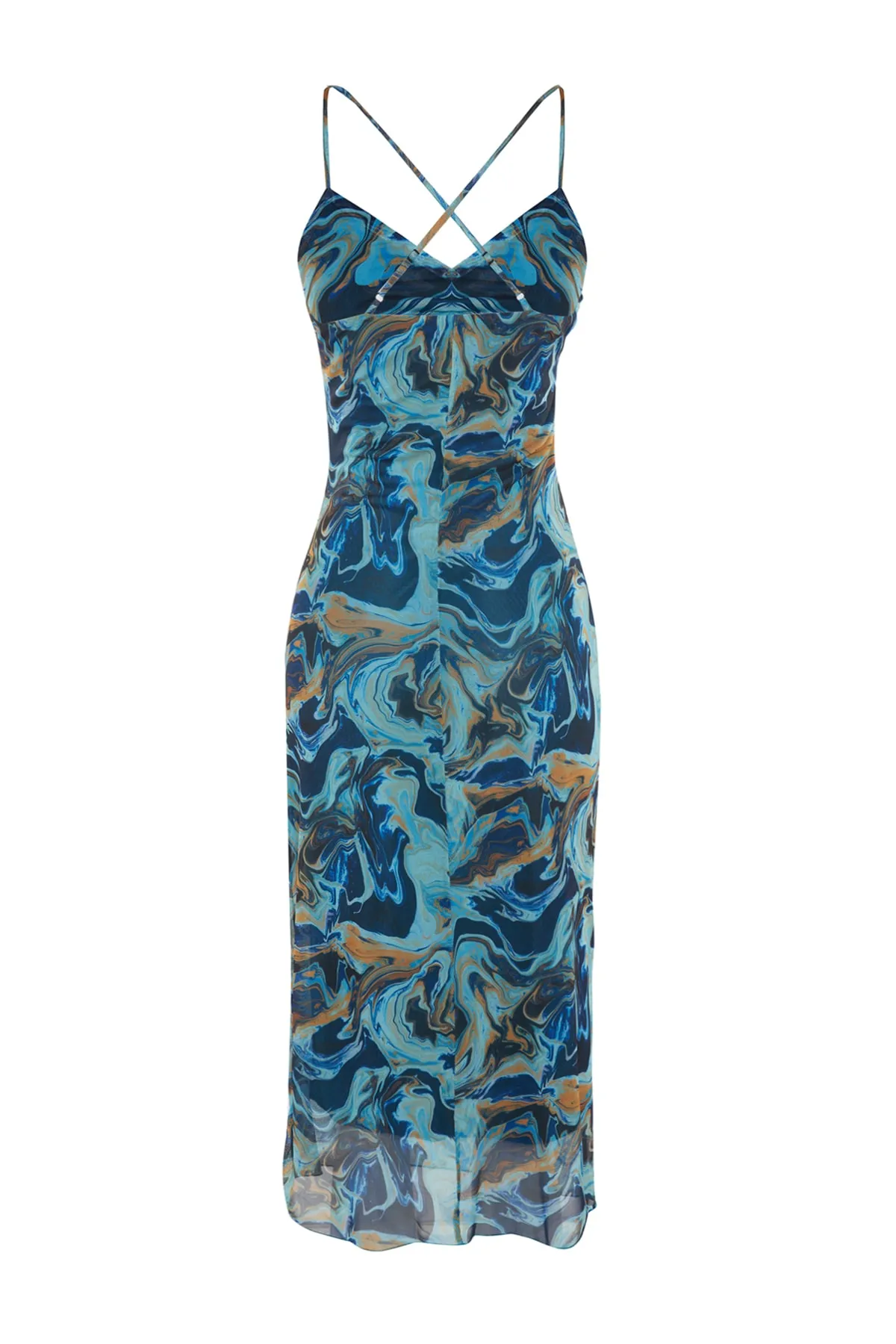 Trendyol Collection  Blau gemustertes Strickkleid aus gerafftem Tüll TWOSS23EL00646