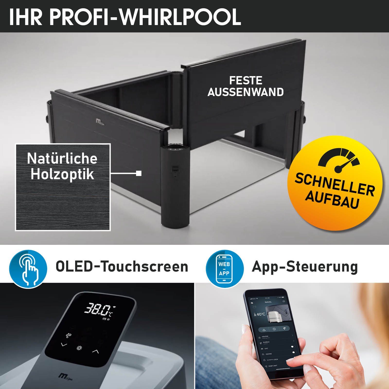 BRAST Whirlpool MSpa Oslo mit Fester Außenwand, LED-Beleuchtung mit 20 Farben, (für 6 Personen, 160x160x65cm, 120 Massagedüsen), Ganzjähriger Einsatz Winterfest, In & Outdoor Pool