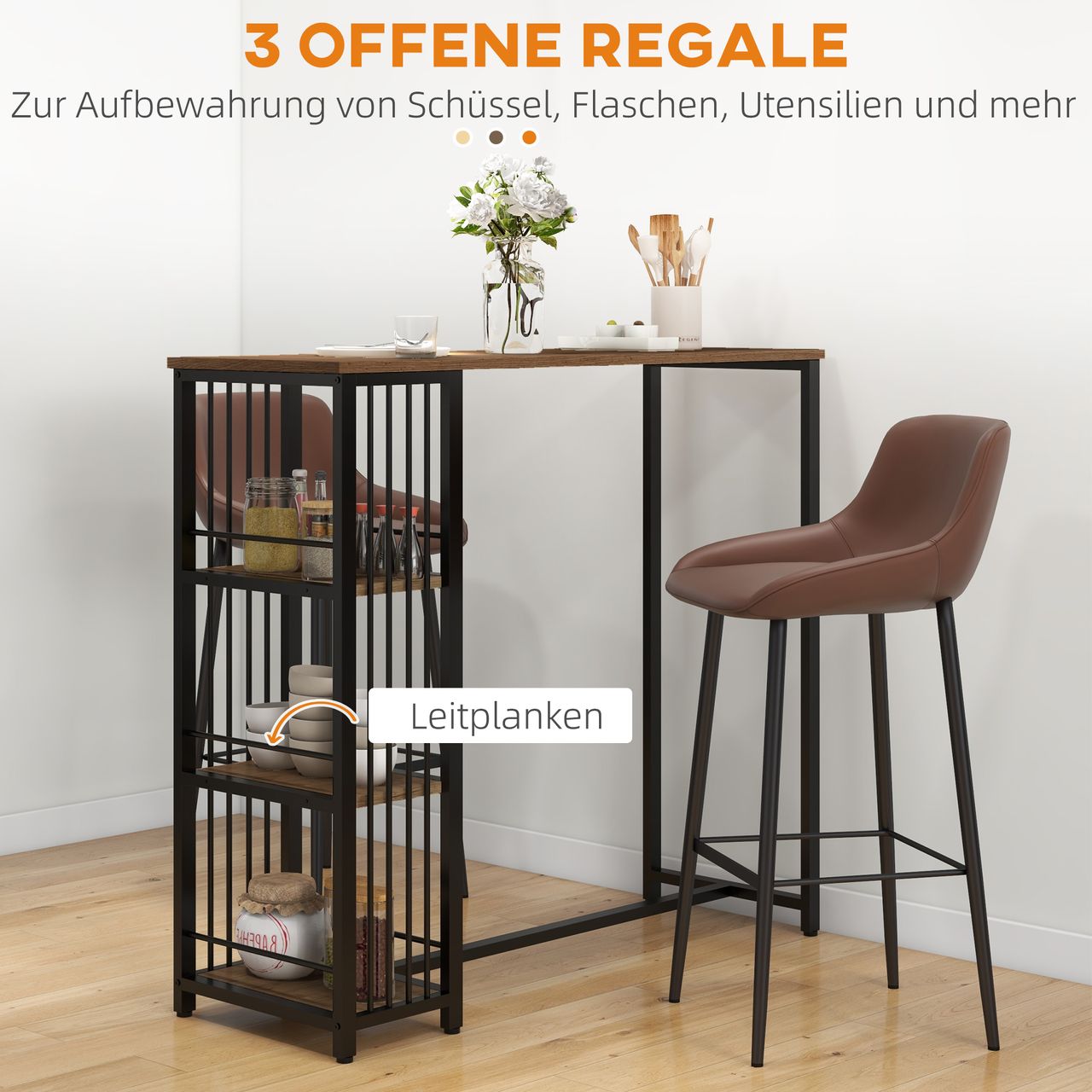 HOMCOM Bartisch Stehtisch Tresentisch mit 3 Ablageflächen Bartheke mit Holzoptik