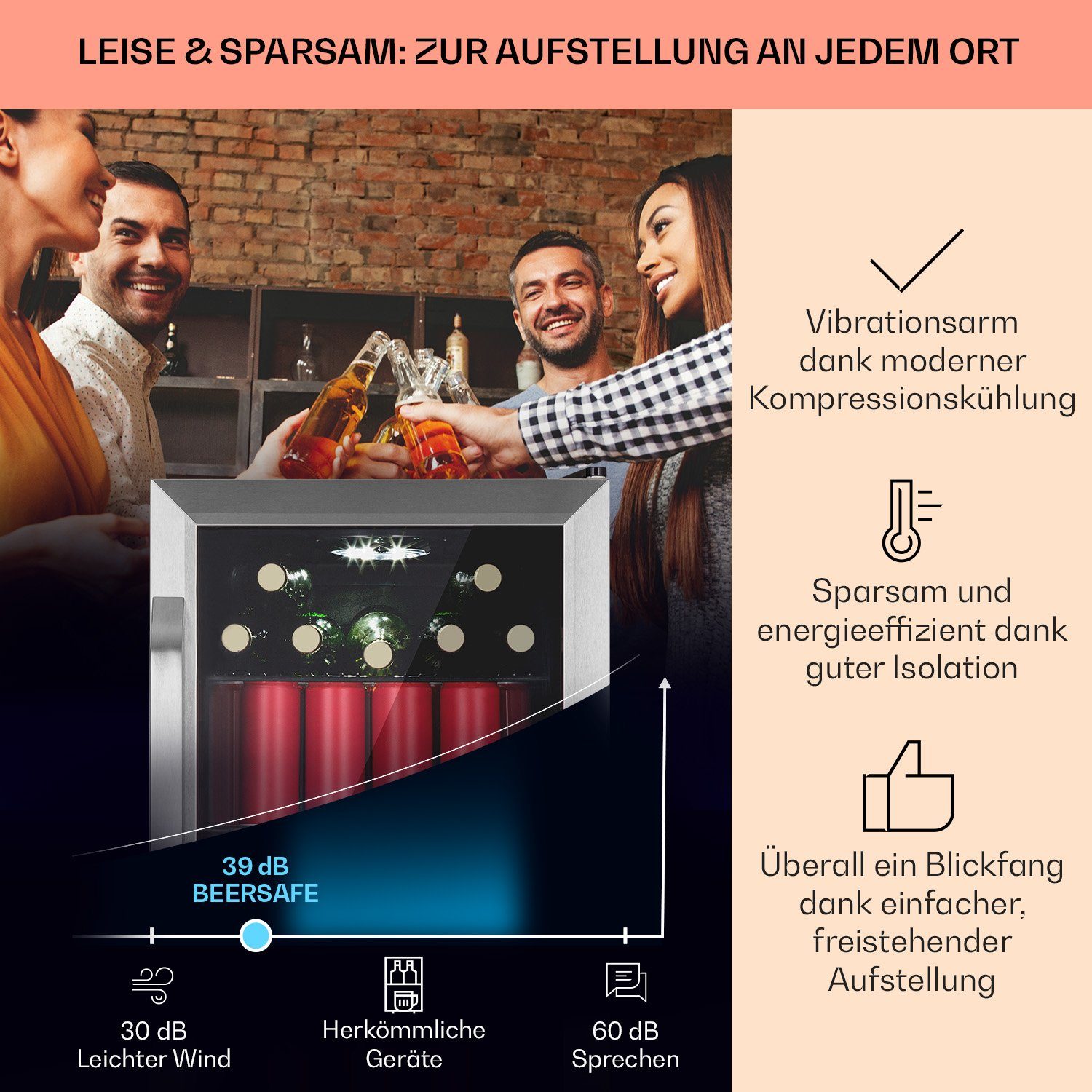 Klarstein Getränkekühlschrank HEA13-Birra -SS 10041177, 67 cm hoch, 43 cm breit, Bierkühlschrank Getränkekühlschrank Flaschenkühlschrank mit Glastür