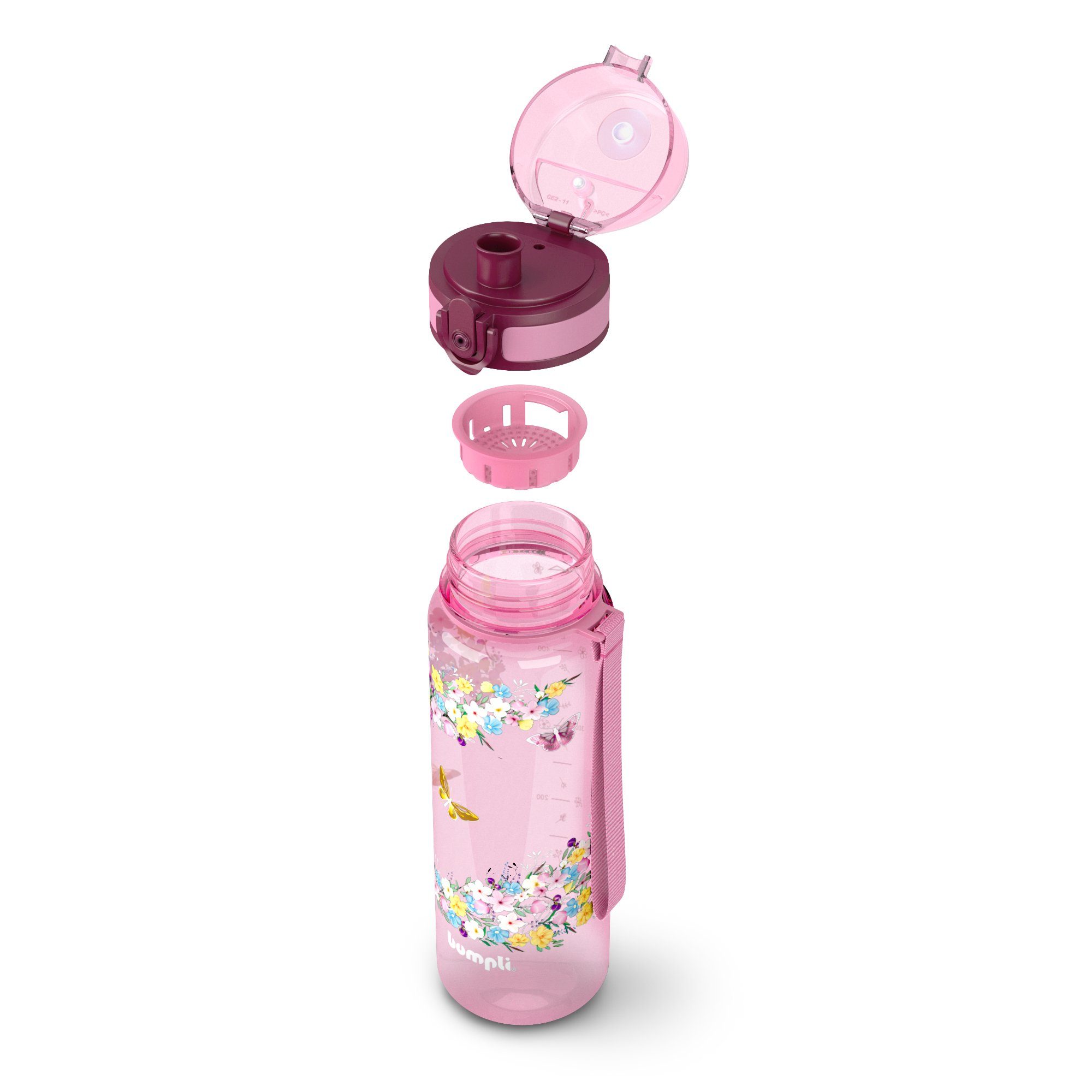 bumpli® Trinkflasche Kinder Trinkflasche 500ml, Wasserflasche, Sportflasche, BPA-frei, auslaufsicher, spülmaschinenfest, Trageschlaufe, Fruchtsieb