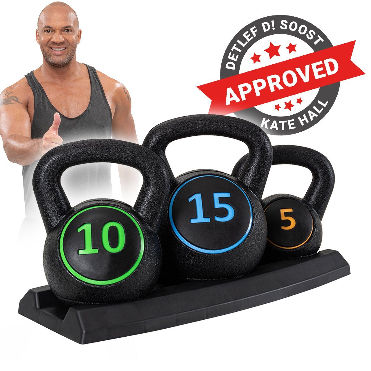 Miweba Sports Kettlebell Premium Kettlebell Set inkl. Ablage, 5/10/15 Lbs, (Schwunghantel - Hantelset Indoor & Outdoor - Krafttraining Workout Kugelgewicht Übungsseil, Total 13,8 Kg, 2.3/4.6/6.9Kg), Fitness Seil Kurzhantel Hanteln Gewichte Kugelhante