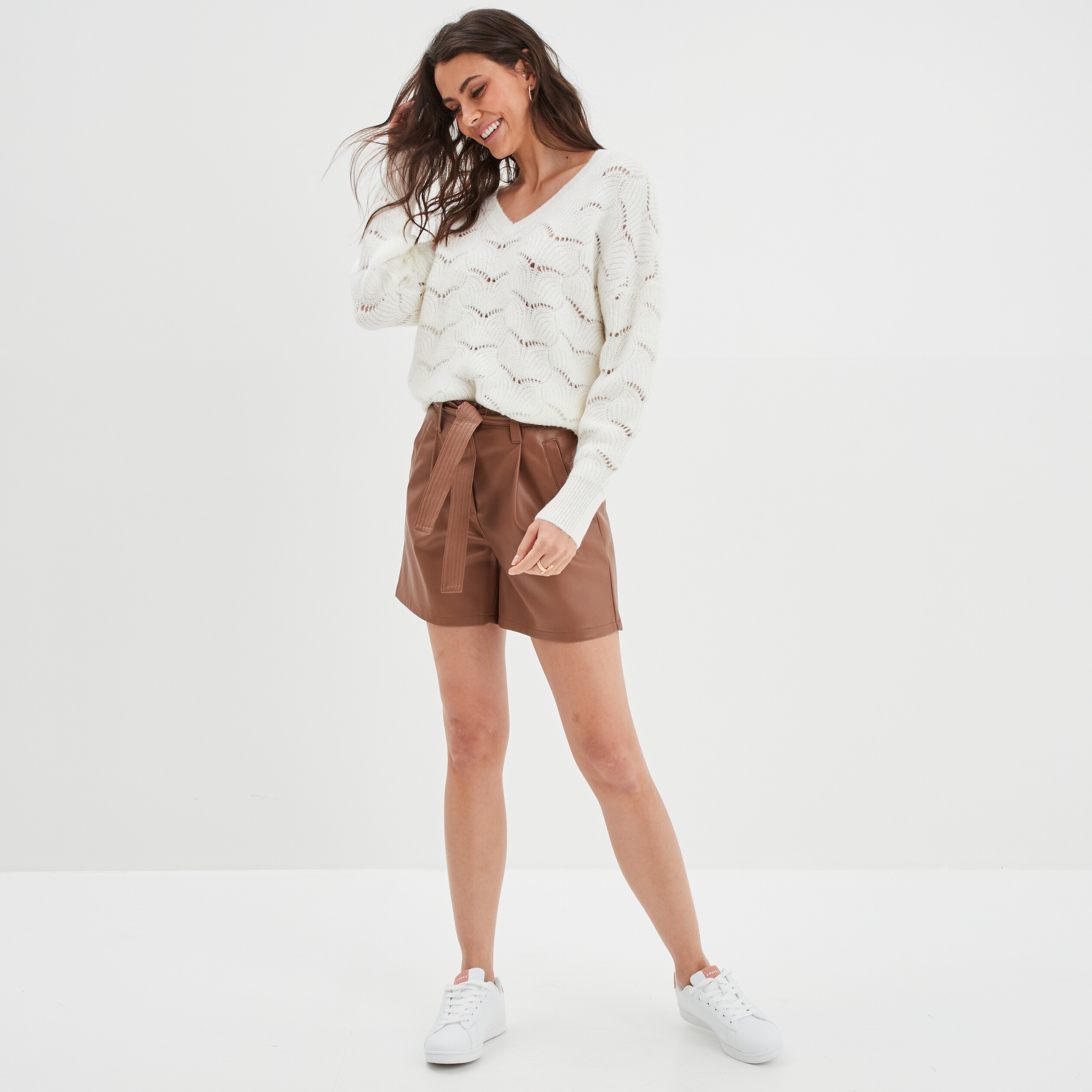 Short simili cuir large ceinturé marron femme | La Halle