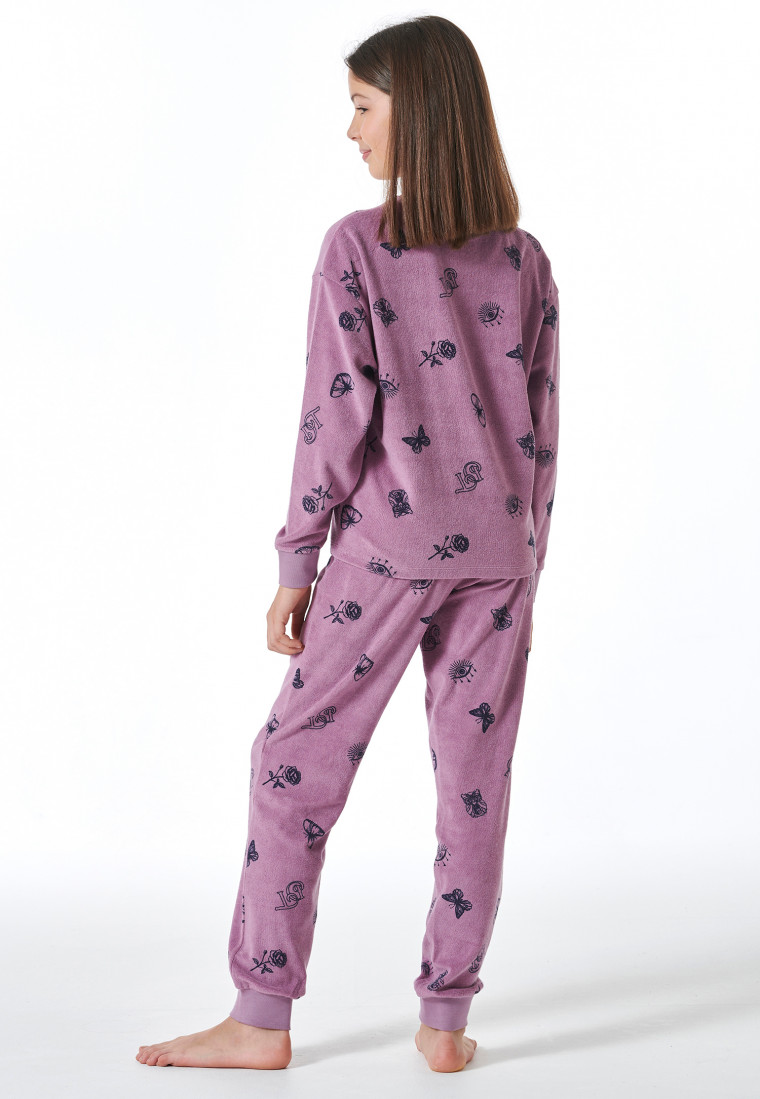 Schlafanzig lang Frottee Bündchen Schmetterlinge mauve - Nightwear