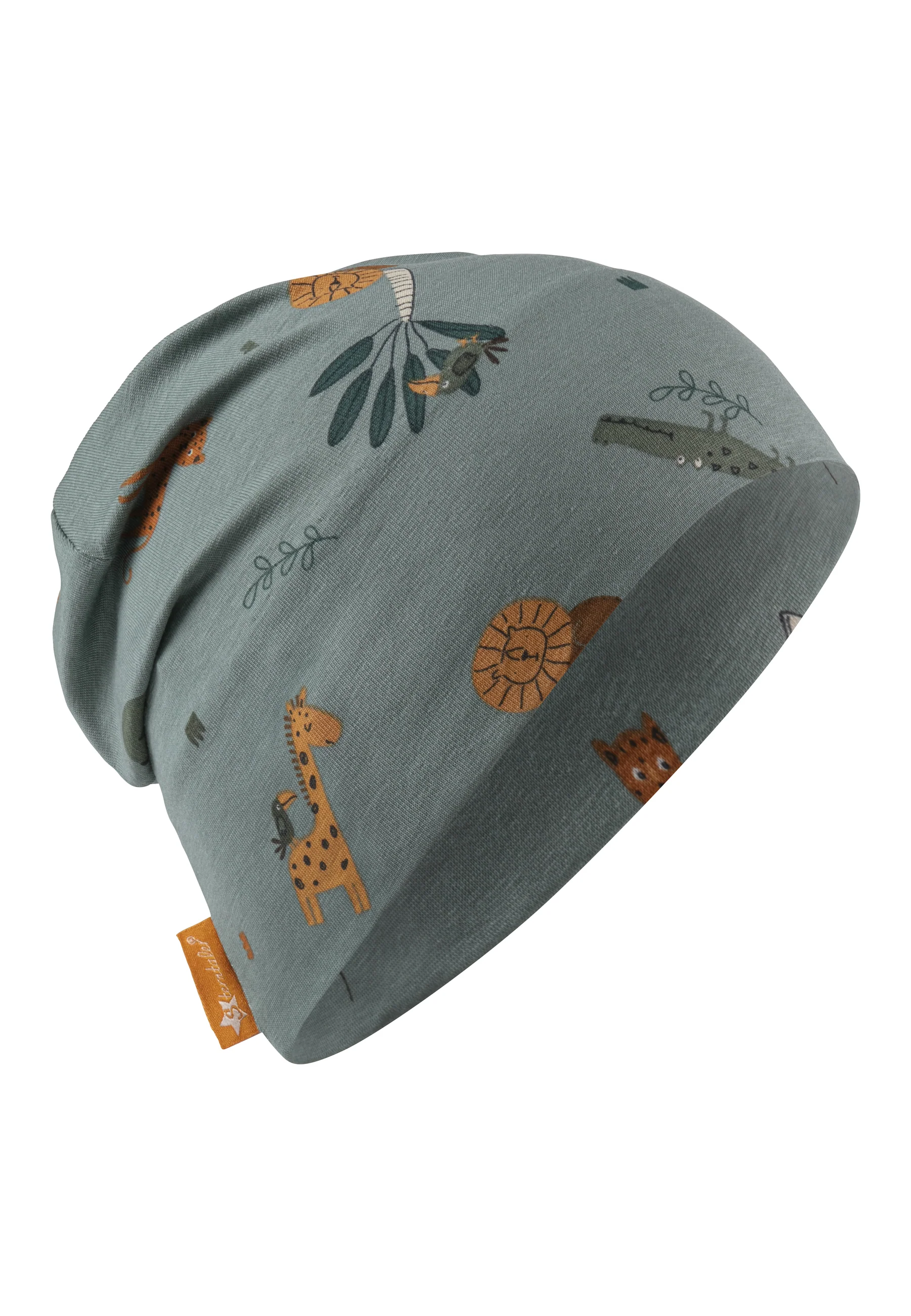 Beanie bedruckt mit Allover-Tiermotiv in mattgrün