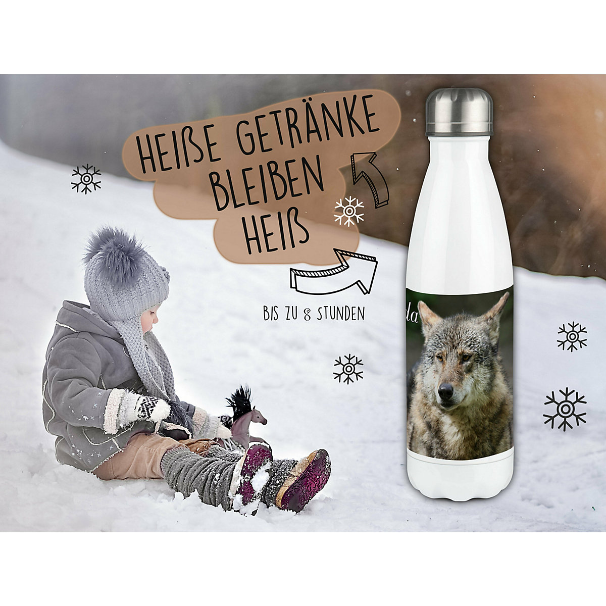 Edelstahl Kinder Thermoflasche / Trinkflasche bunt Wolf Spülmaschinenfest, Auslaufsicher, Bruchfest, Doppelwandig, Für Heißgetränke geeignet, Mit Deckel, Isoliert