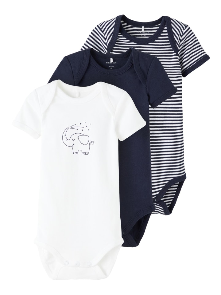 name it Baby kurzarm Body im 3er Pack mit Elefanten Motiv in Blau günstig kaufen