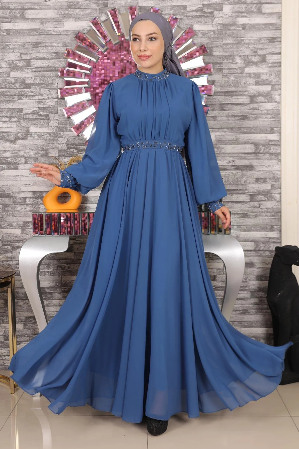 Modamihram  Steindetailliertes Chiffon-Abendkleid Indigo 19109