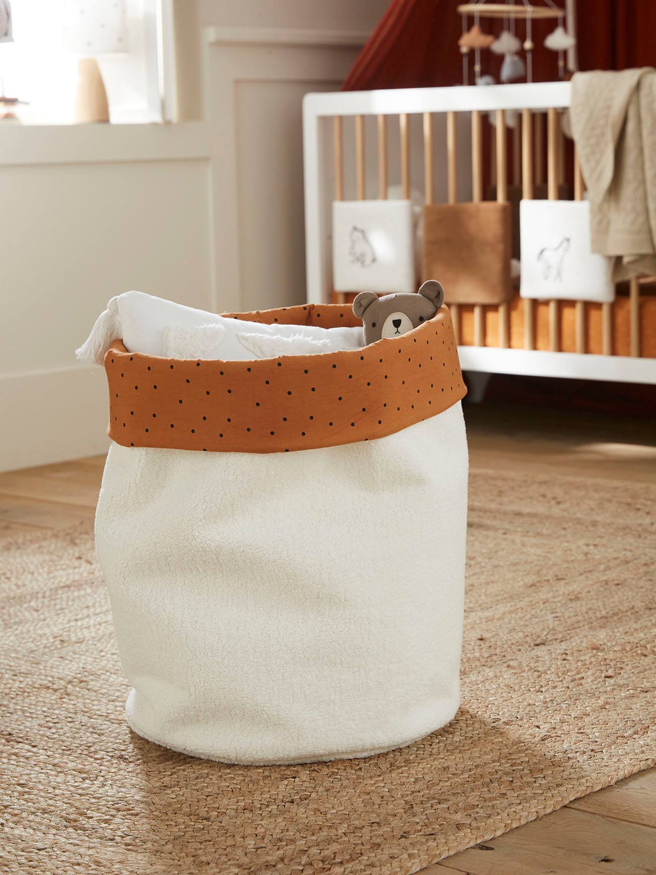 Panier XL réversible fausse fourrure bouclette blanc/caramel imprimé