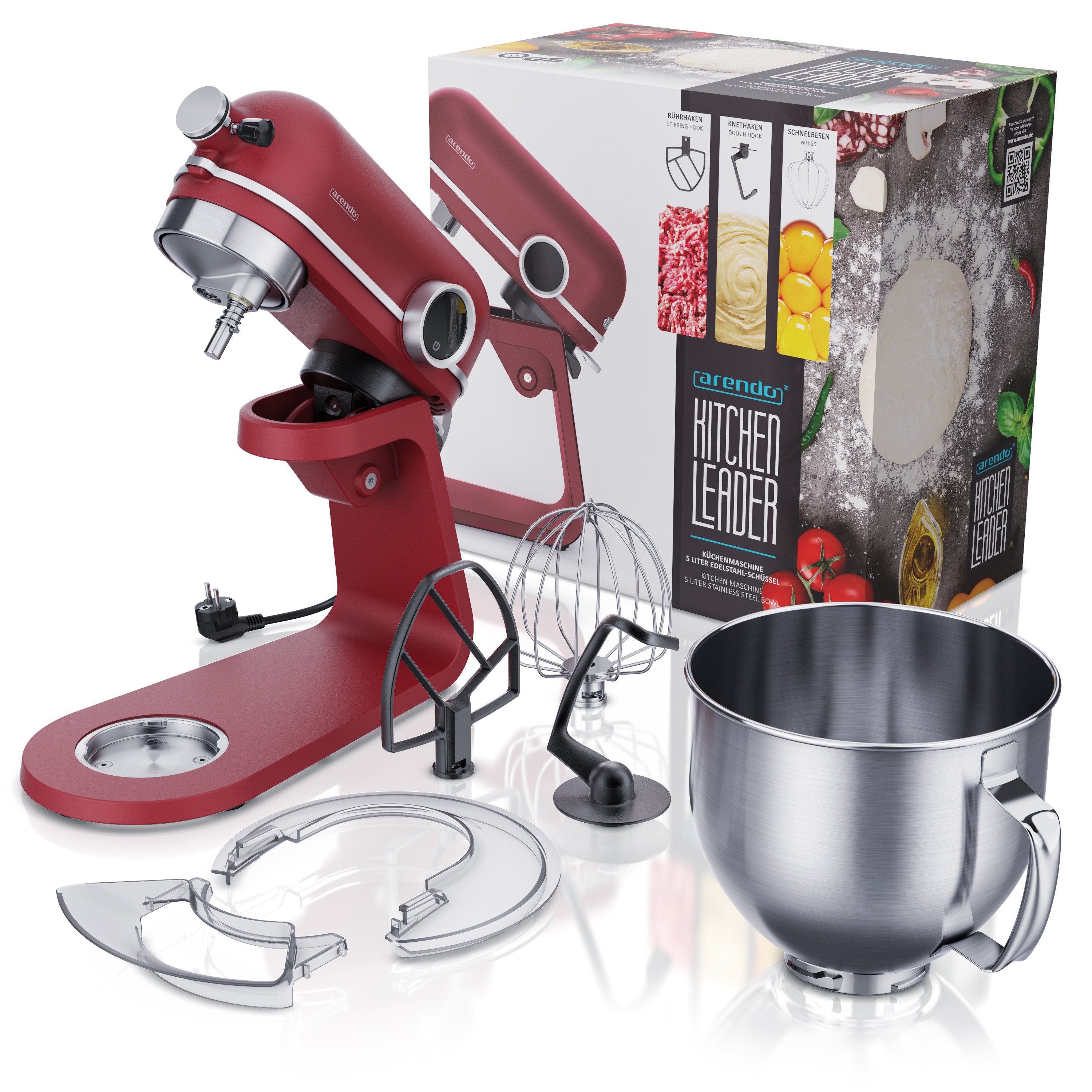 Arendo Küchenmaschine, 800 W, mit Display, 800W, 5L Edelstahlschüssel, inkl. 3 Rührwerkzeuge
