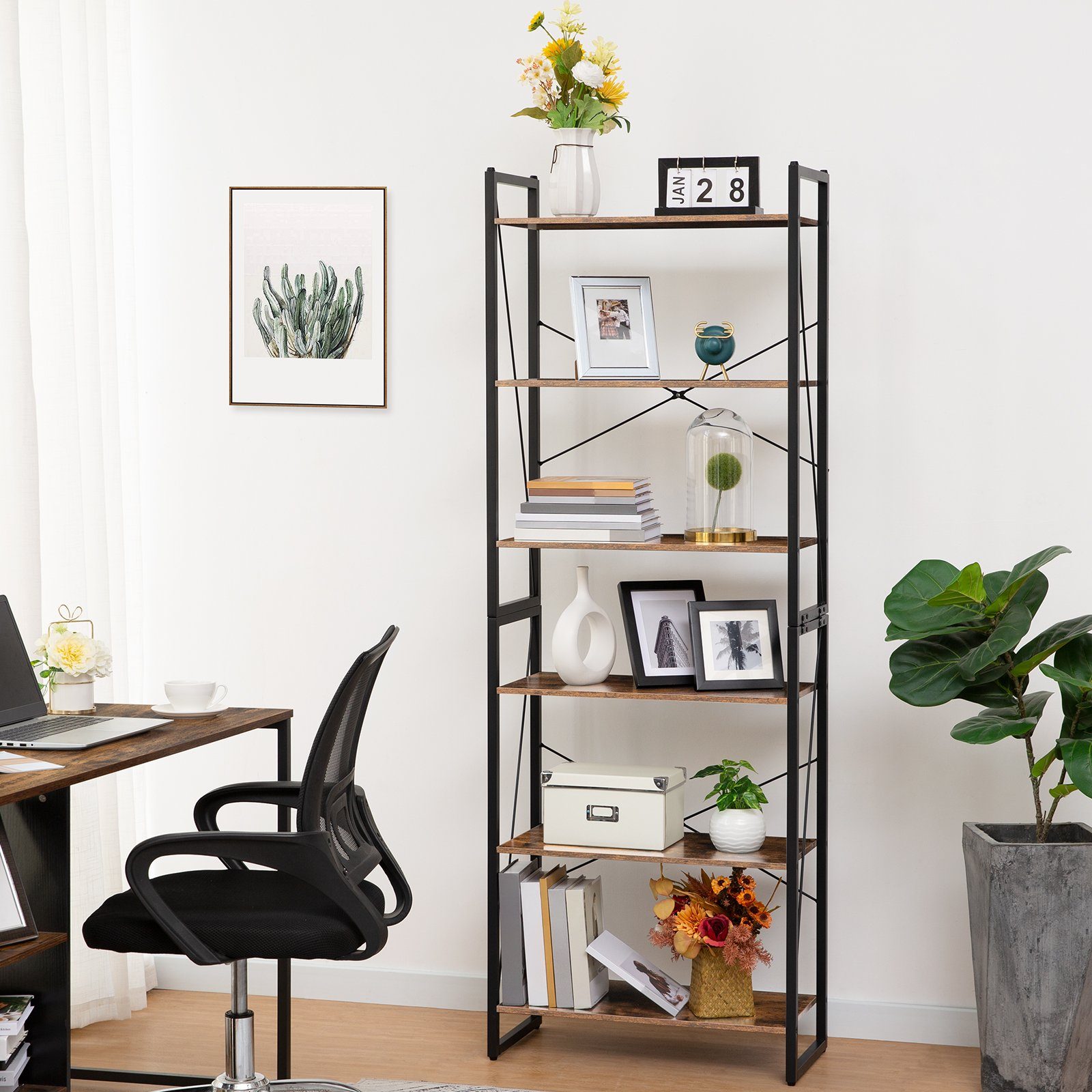 BERLINLODGE® Bücherregal Manhattan 6 Ebenen, Leiterregal Standregal vintage-braun industry-style, für Wohnzimmer, Büro, Schlafzimmer, Küche