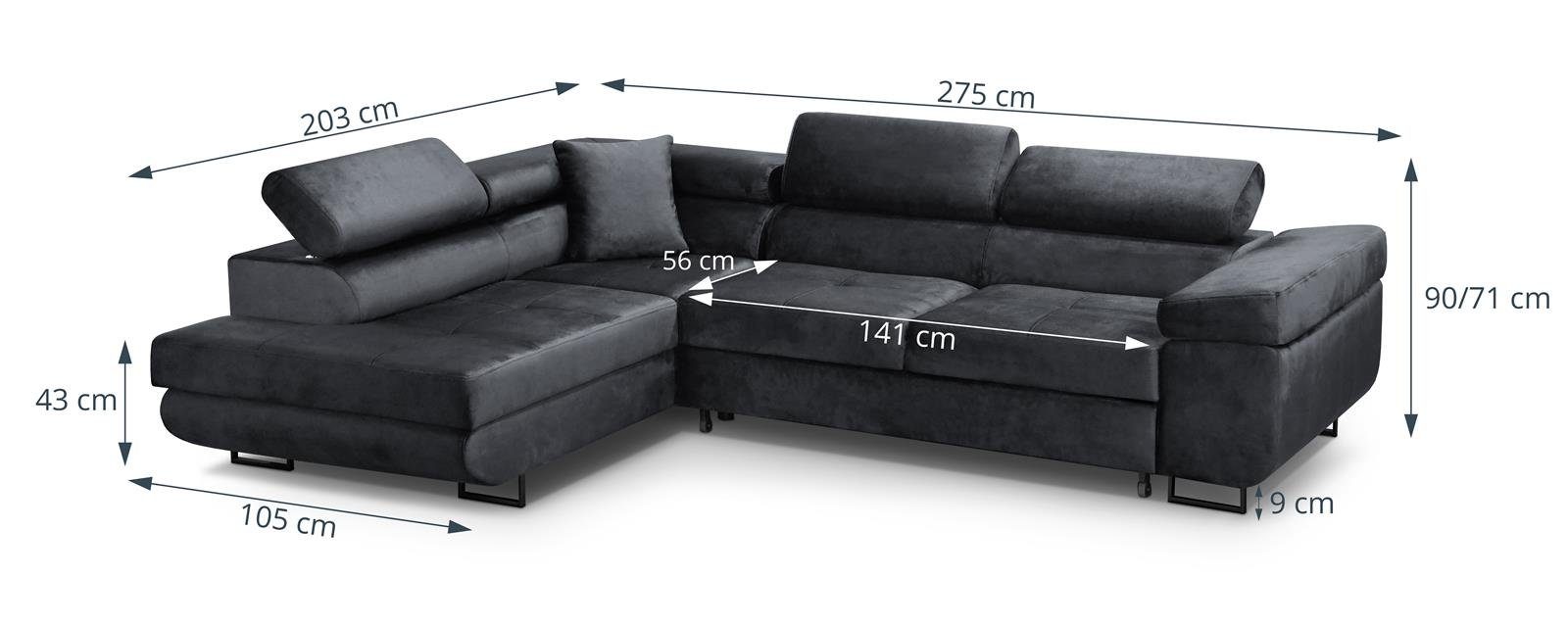 Beautysofa Ecksofa Waldo L, inklusive Schlaffunktion, Bettkasten, mit verstellbaren Kopfstützen, L-förmige Ecke mit Wellenfedern, gepolstertes Schlafecke für Wohnzimmer
