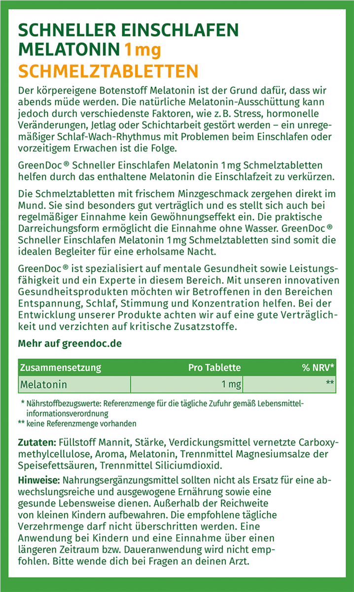 Schneller Einschlafen Melatonin 1mg 40 Tabletten, 5,6 g