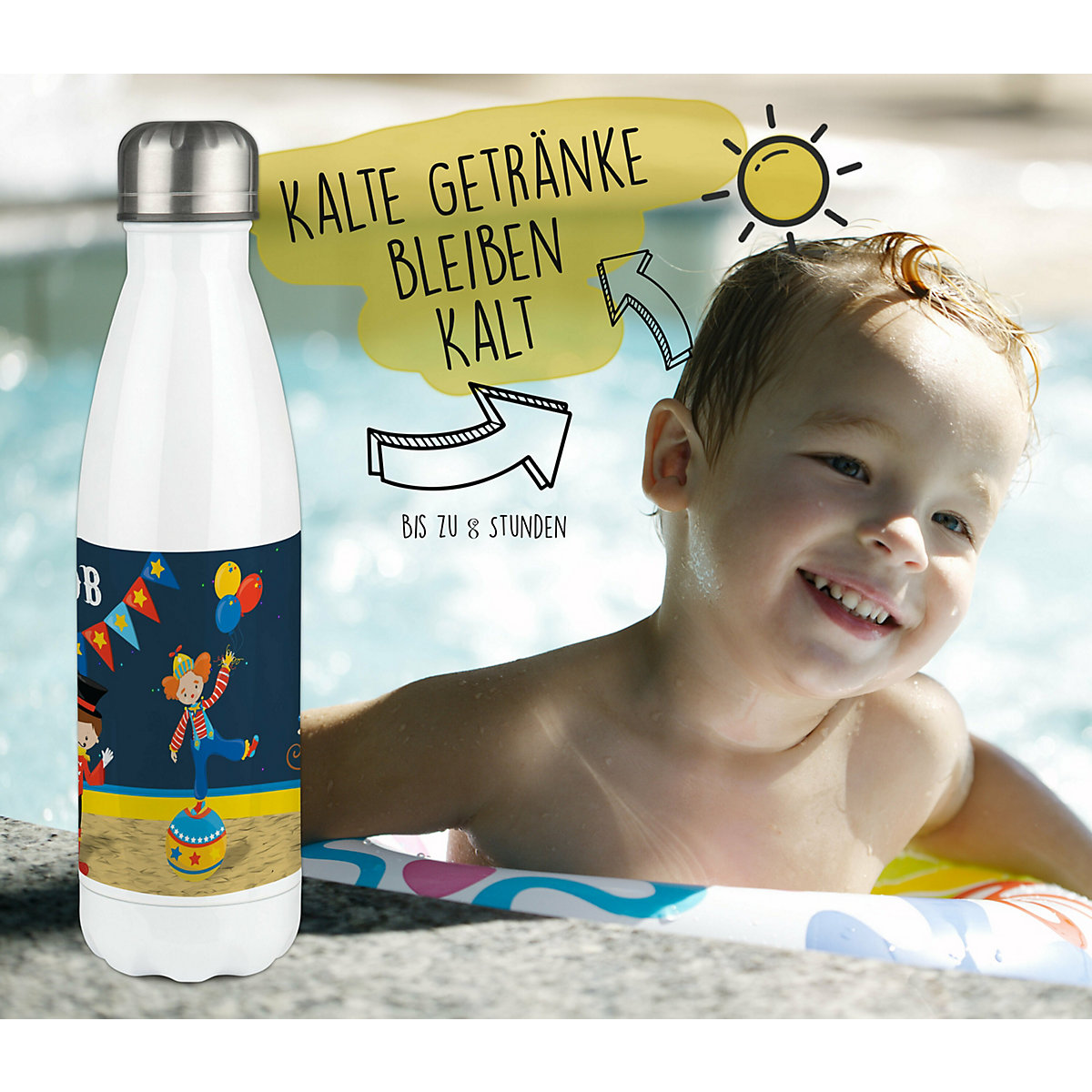 Edelstahl Kinder Thermoflasche / Trinkflasche bunt Circus Spülmaschinenfest, Auslaufsicher, Bruchfest, Doppelwandig, Für Heißgetränke geeignet, Mit Deckel, Isoliert