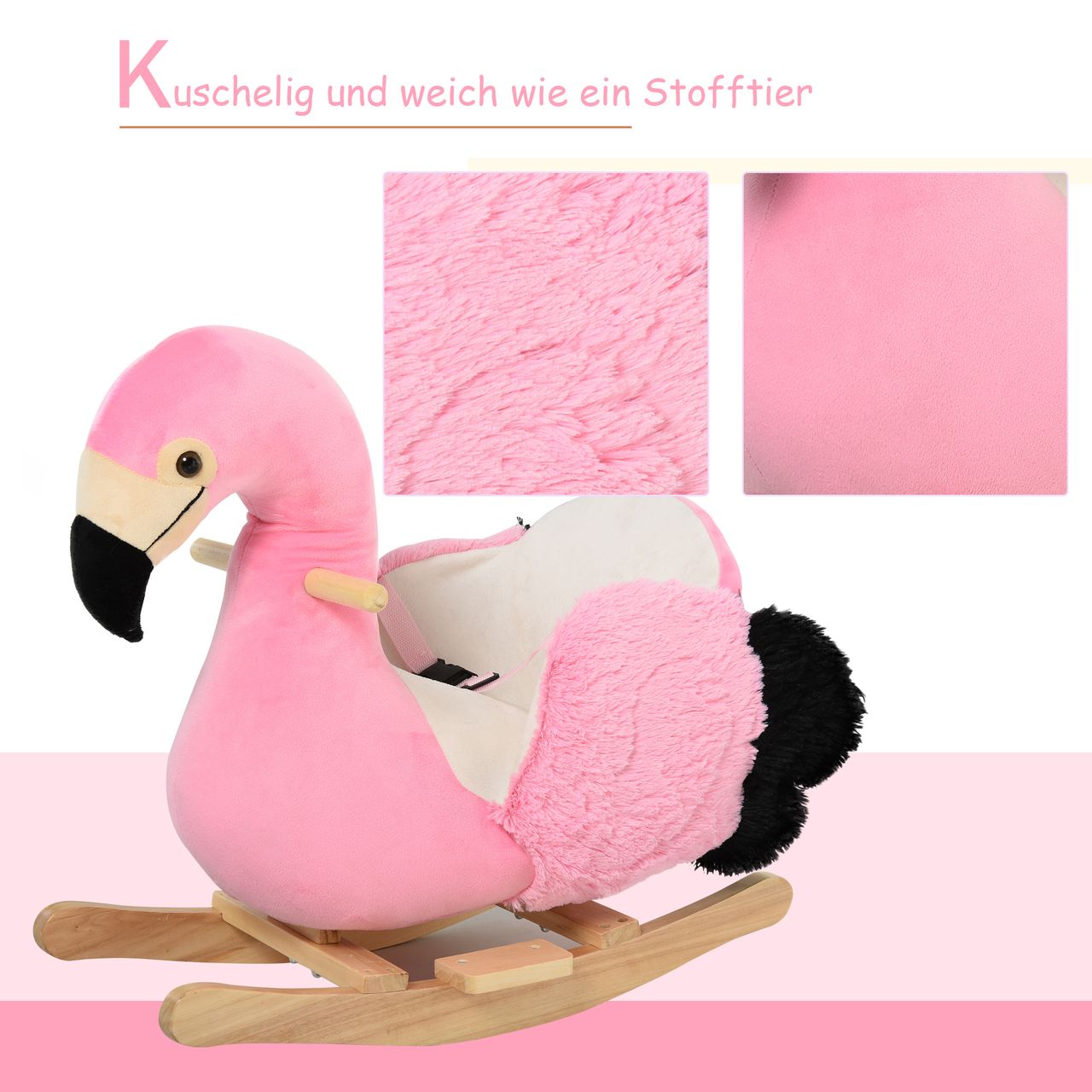 HOMCOM Schaukelpferd Schaukelspielzeug Flamingo mit Sicherheitsgurt Plüsch