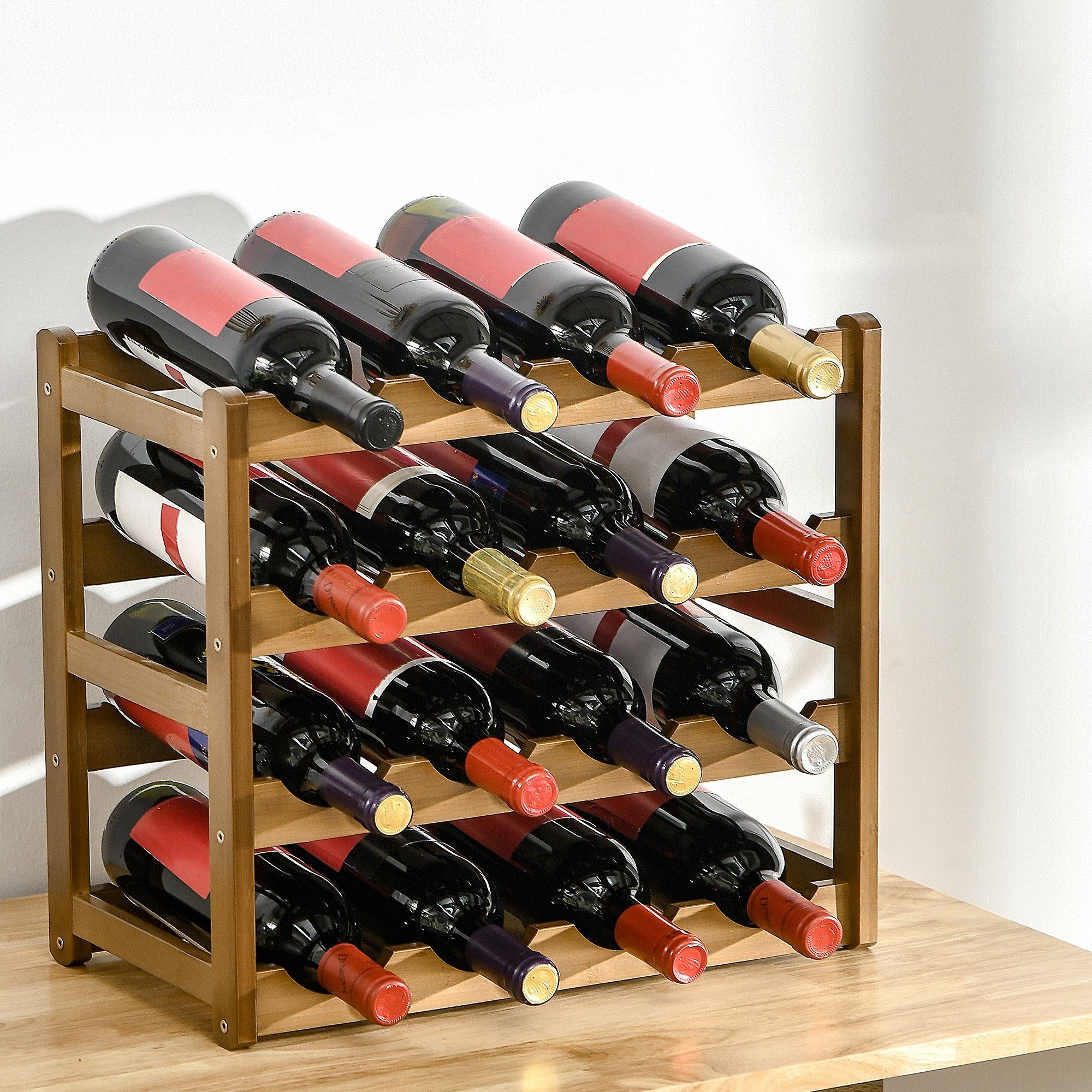 HOMCOM Weinregal Flaschenregal mit natürlichen Stil, Standregal,aus Bambus, Wasserfest, Weinhalter 1-tlg., mit 4 Regalen