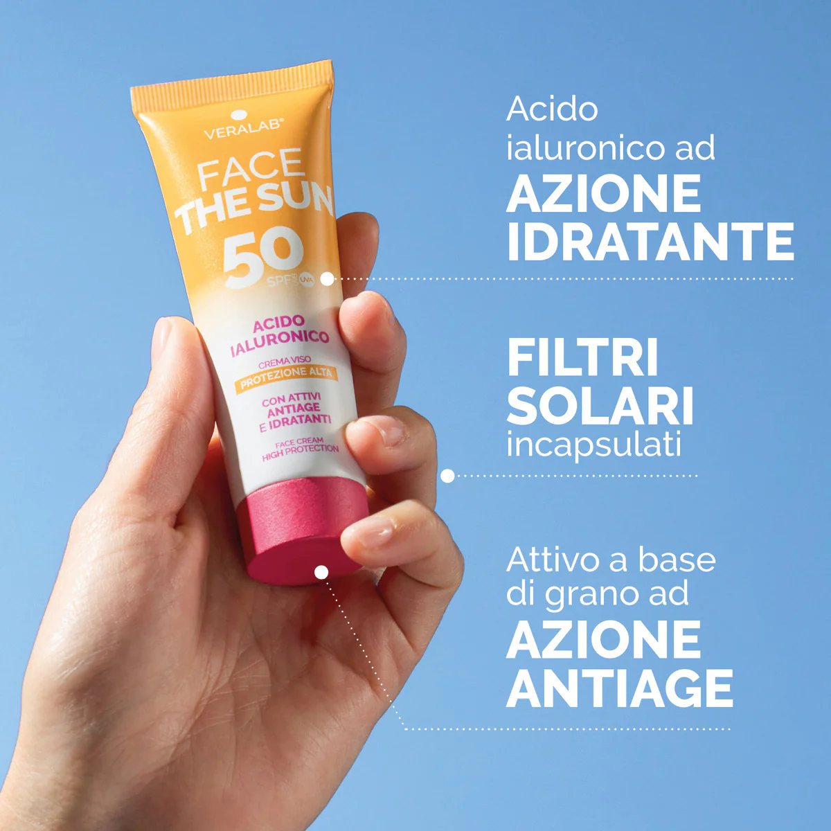 Solari FACE THE SUN ACIDO IALURONICO - Crema viso SPF50 con attivi antiage e idratanti - Solare viso alta prot.