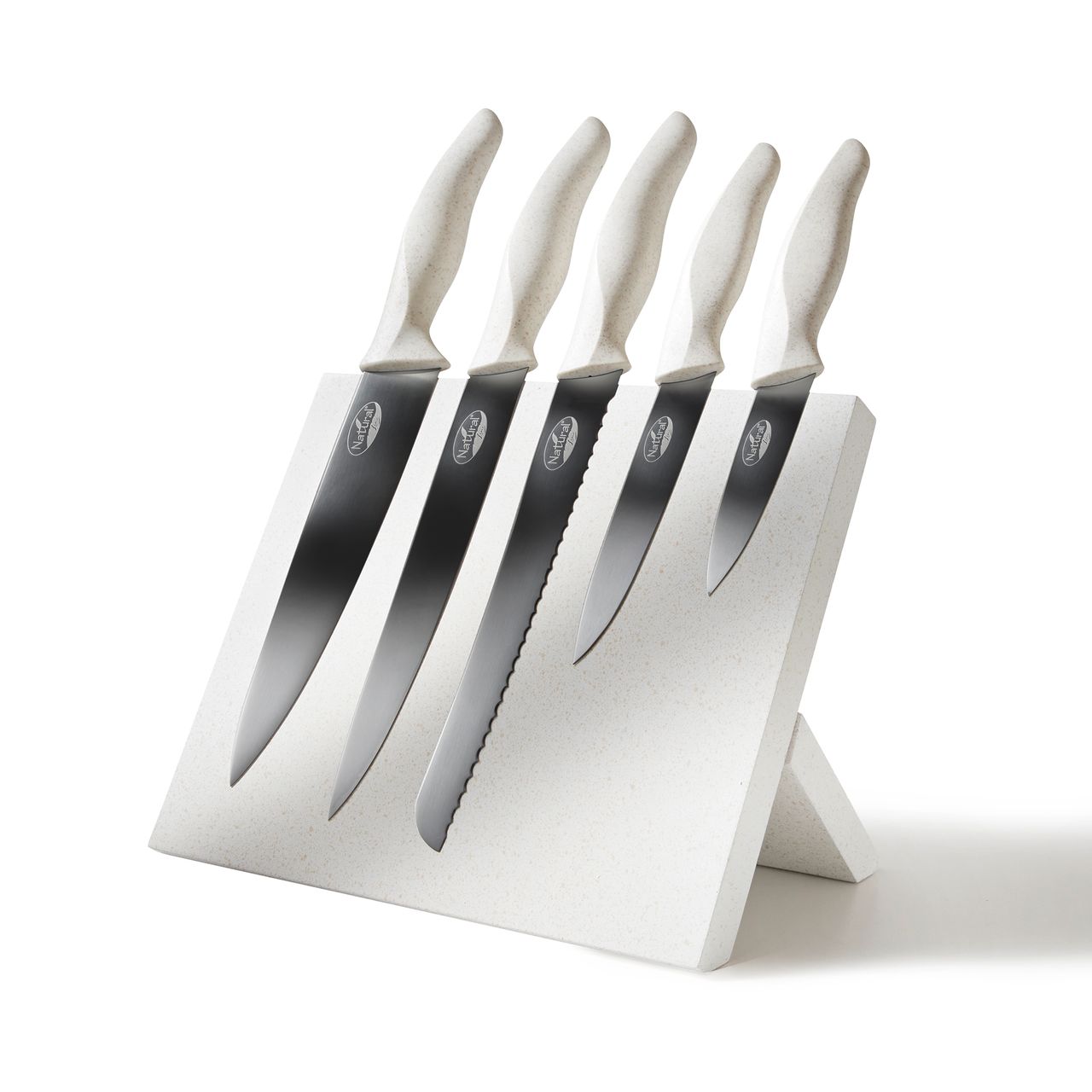 STONELINE® Natural Line® Edelstahl-Messer-Set, 5-tlg., mit klappbarem Magnet-Messerblock, mit Griffen mit Stroh