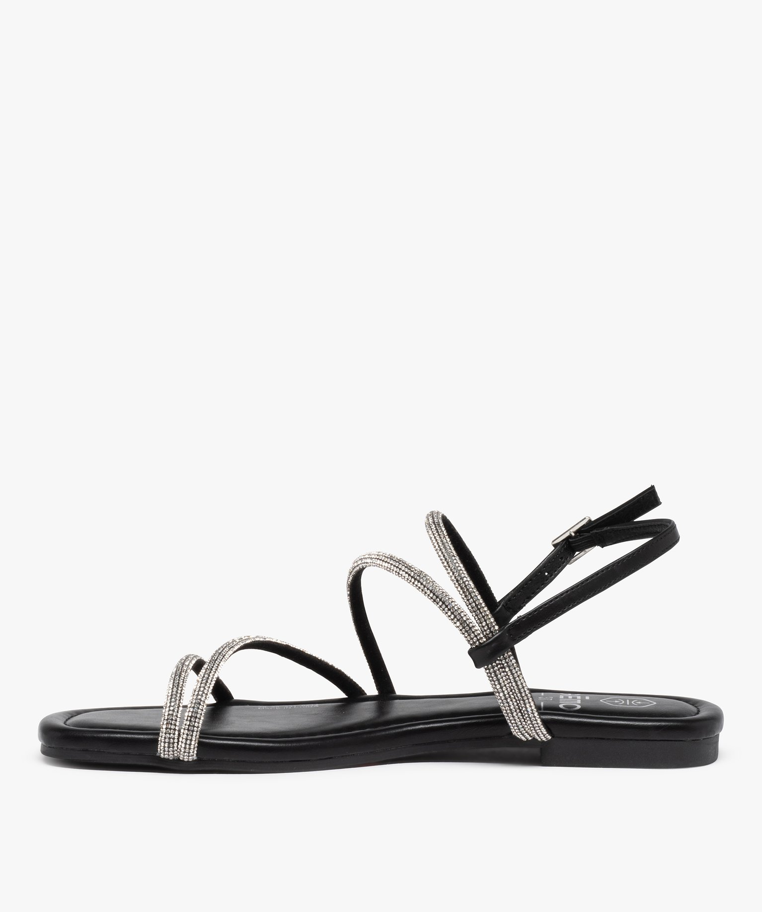 Sandales femme plates dessus fines brides strass noir | GEMO