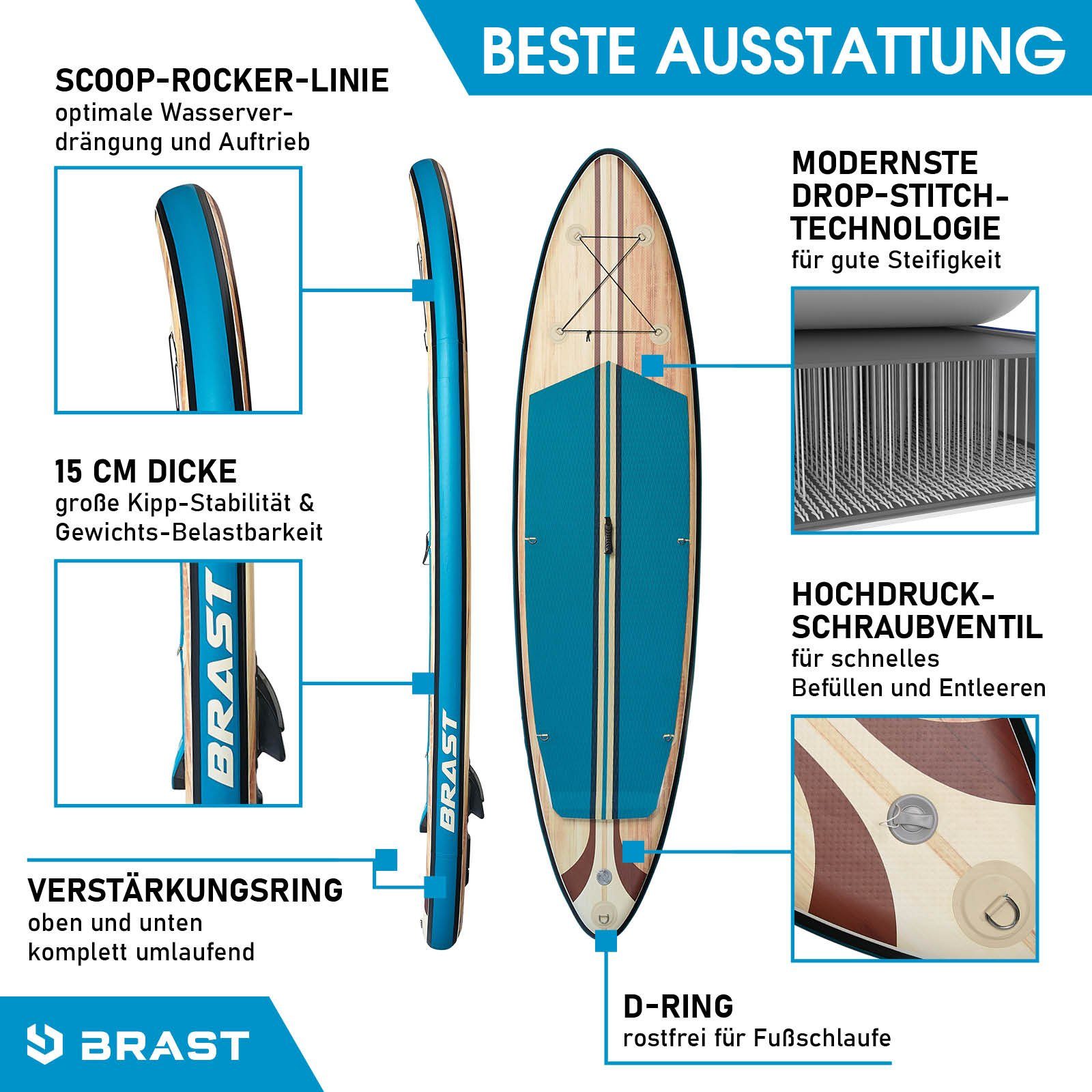 BRAST SUP-Board Tribal Ocean Sixties & Turtle, Aufblasbares Stand up Paddle Set, (320x81x15cm viele Modelle), incl. Zubehör, 5 Jahre Garantie, Fußschlaufe Paddel Pumpe Rucksack