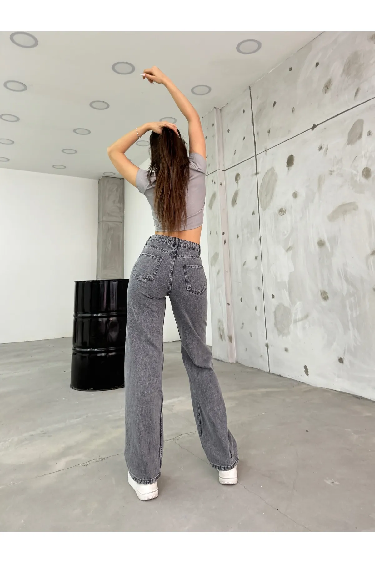 BİKELİFE  Graue Damenjeans mit hohem Bund und dehnbarem Lycra und weitem Bein