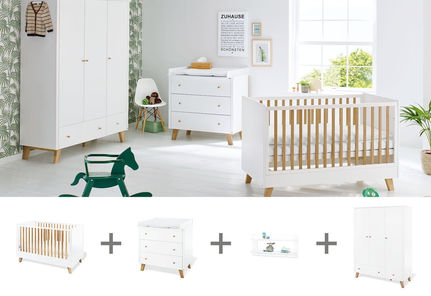 Pinolino® Babyzimmer-Komplettset Pan, (Set, 4-St., Kinderbett, Wickelkommode, Schrank, Wandregal), breit groß; mit Kinderbett, Wickelkommode, Schrank und Wandregal