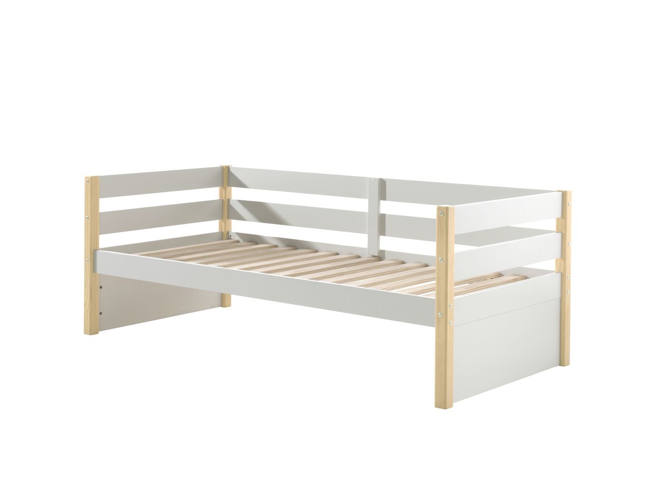 VIPACK Kojen Bett Margrit mit Umrandung u. Rolllattenrost, Liegefläche 90 x 200, Ausf. Weiß lackiert, Bettpfosten Kiefer natur lackiert