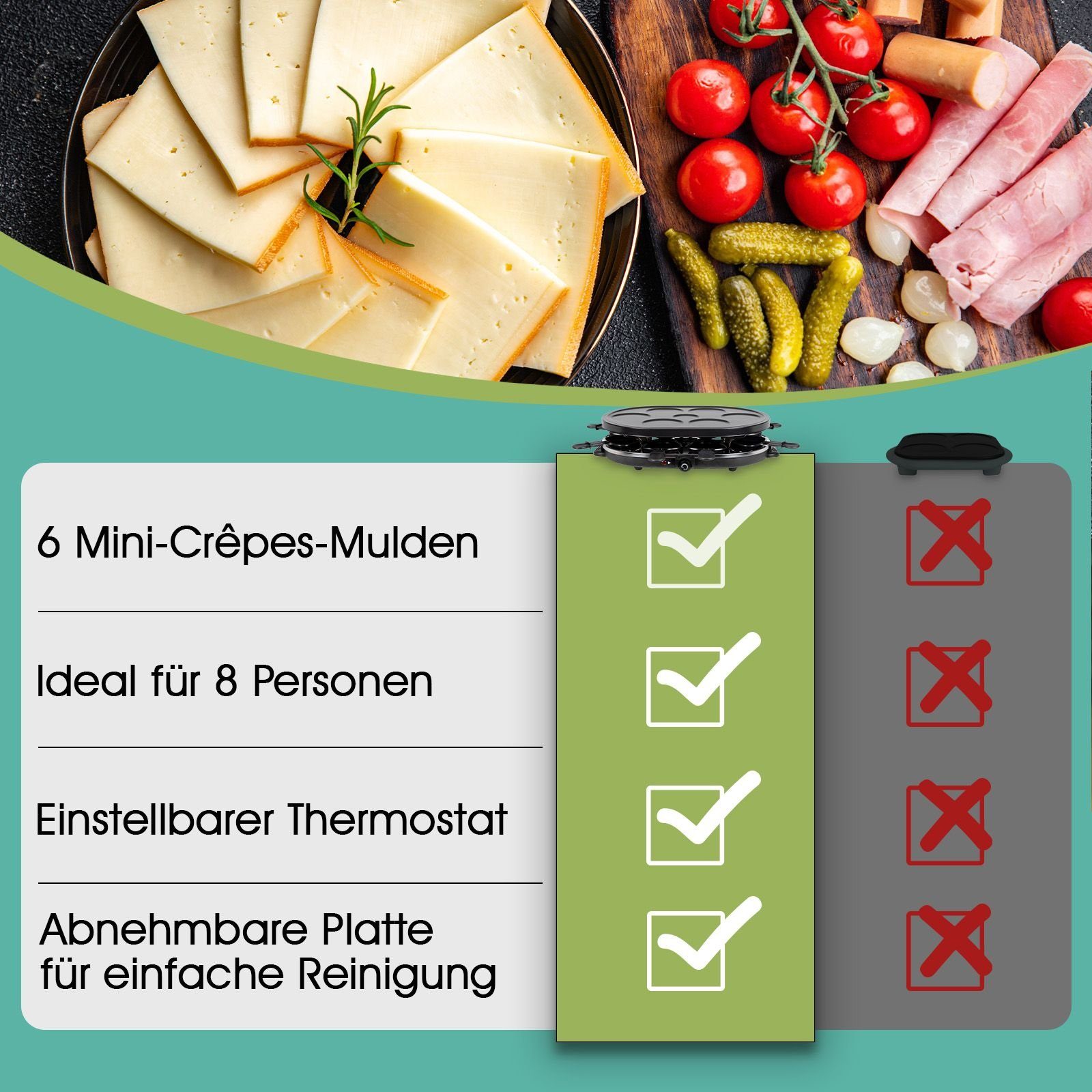 bmf-versand Raclette Raclette 8 Personen Mini Crepes Maker Crepesmaker Tischgrill, 8 Raclettepfännchen, 1200,00 W, Abnehmbare Crepes-Platte, Inklusive 8 Pfännchen und 8 Holzschabern
