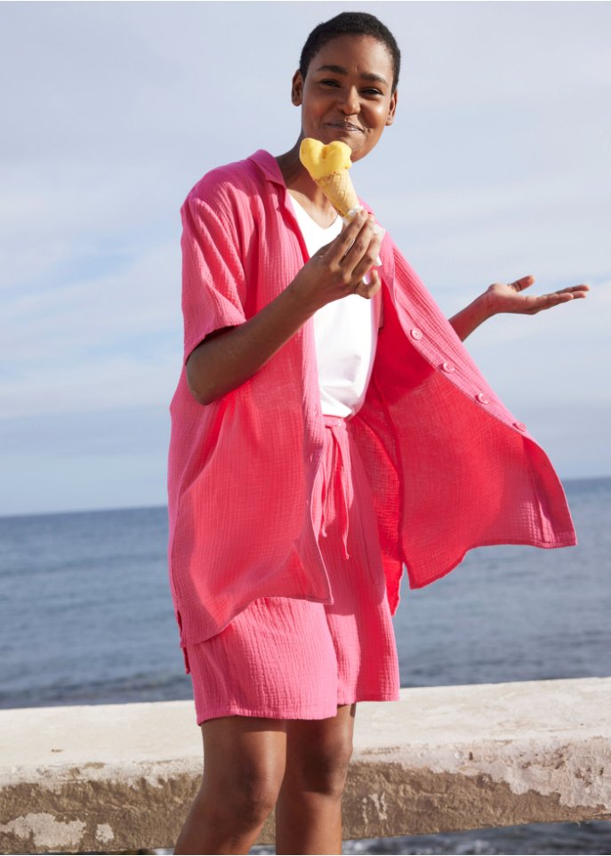 Musselin-Bermuda mit High-Waist-Bequembund und Taschen