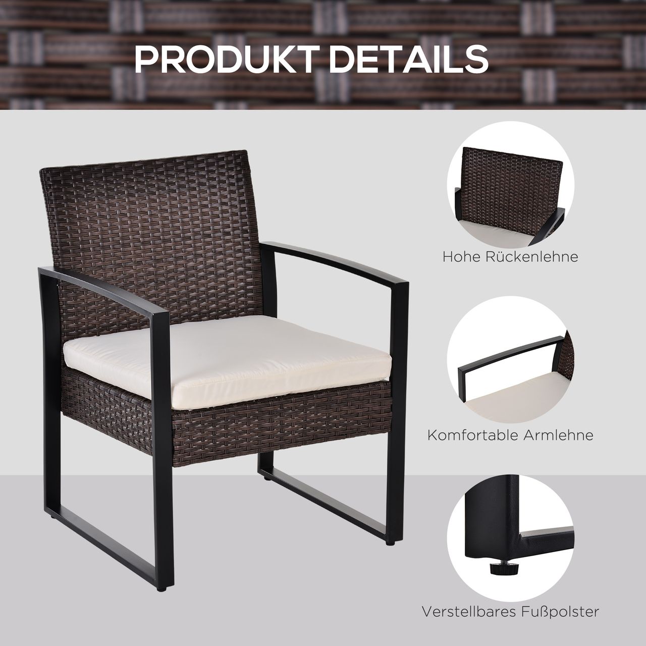 Outsunny Polyrattan Gartenset 3 tlg. Balkonmöbel Set mit Kissen Braun Creme